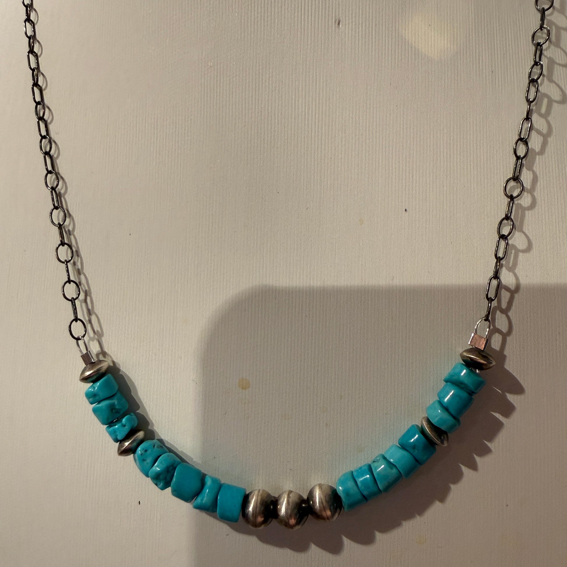 Kingman Turquoise and Sterling Silver Desert Pearls Necklace, 16 Inches Wild West Boho