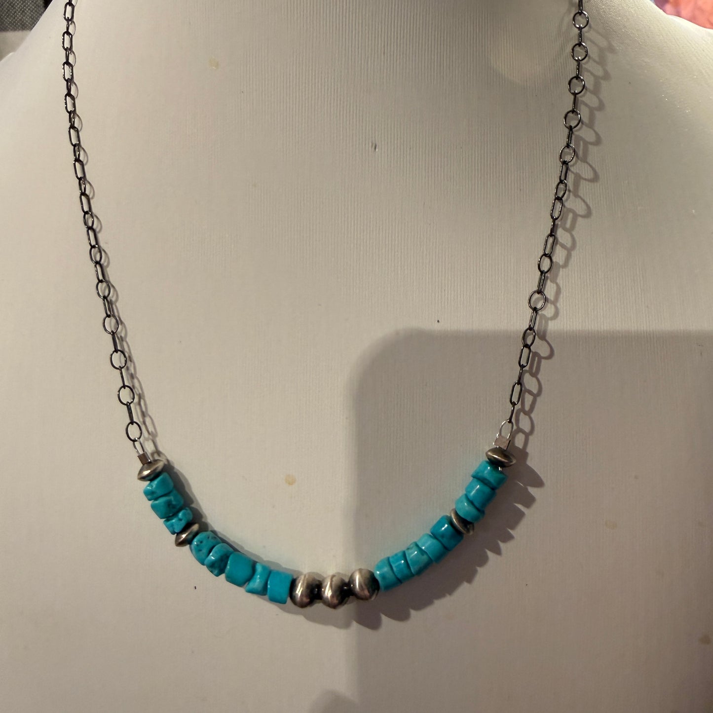 Kingman Turquoise and Sterling Silver Desert Pearls Necklace, 16 Inches Wild West Boho