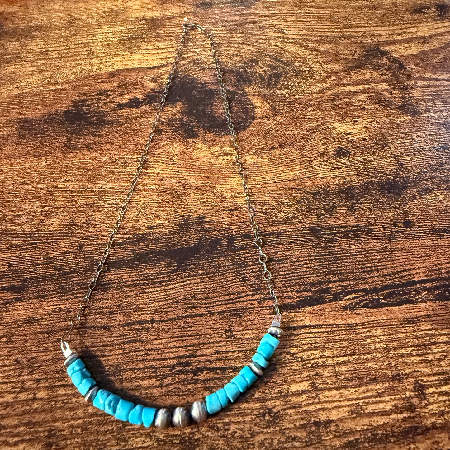 Kingman Turquoise and Sterling Silver Desert Pearls Necklace, 16 Inches Wild West Boho