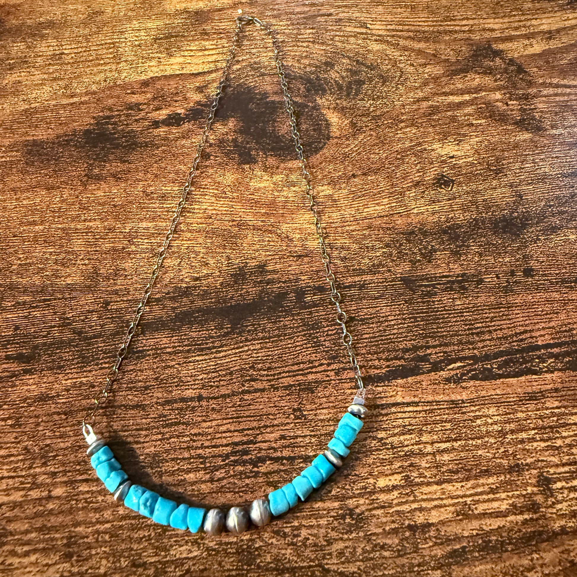 Kingman Turquoise and Sterling Silver Desert Pearls Necklace, 16 Inches Wild West Boho