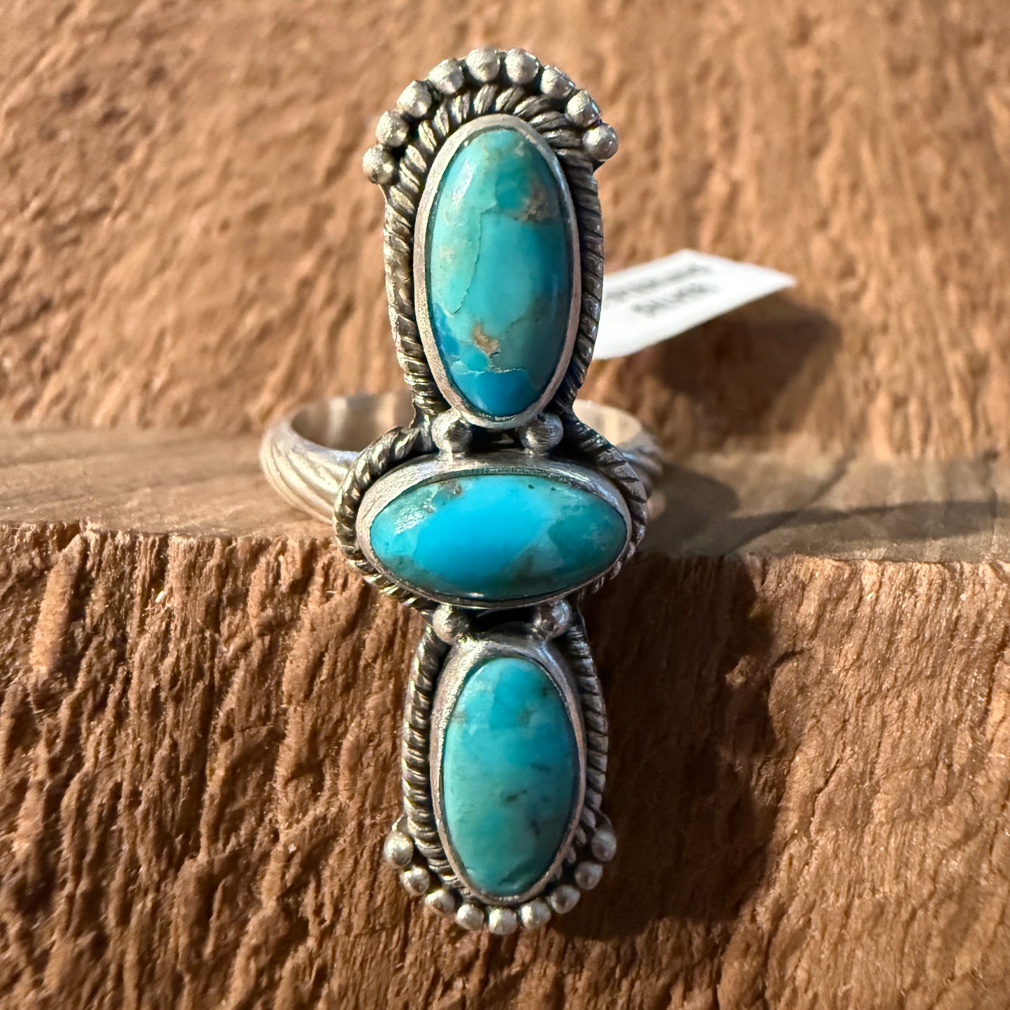 Mojave Turquoise Gemstone Three Stone Adjustable Ring in Sterling Silver Wild West Boho