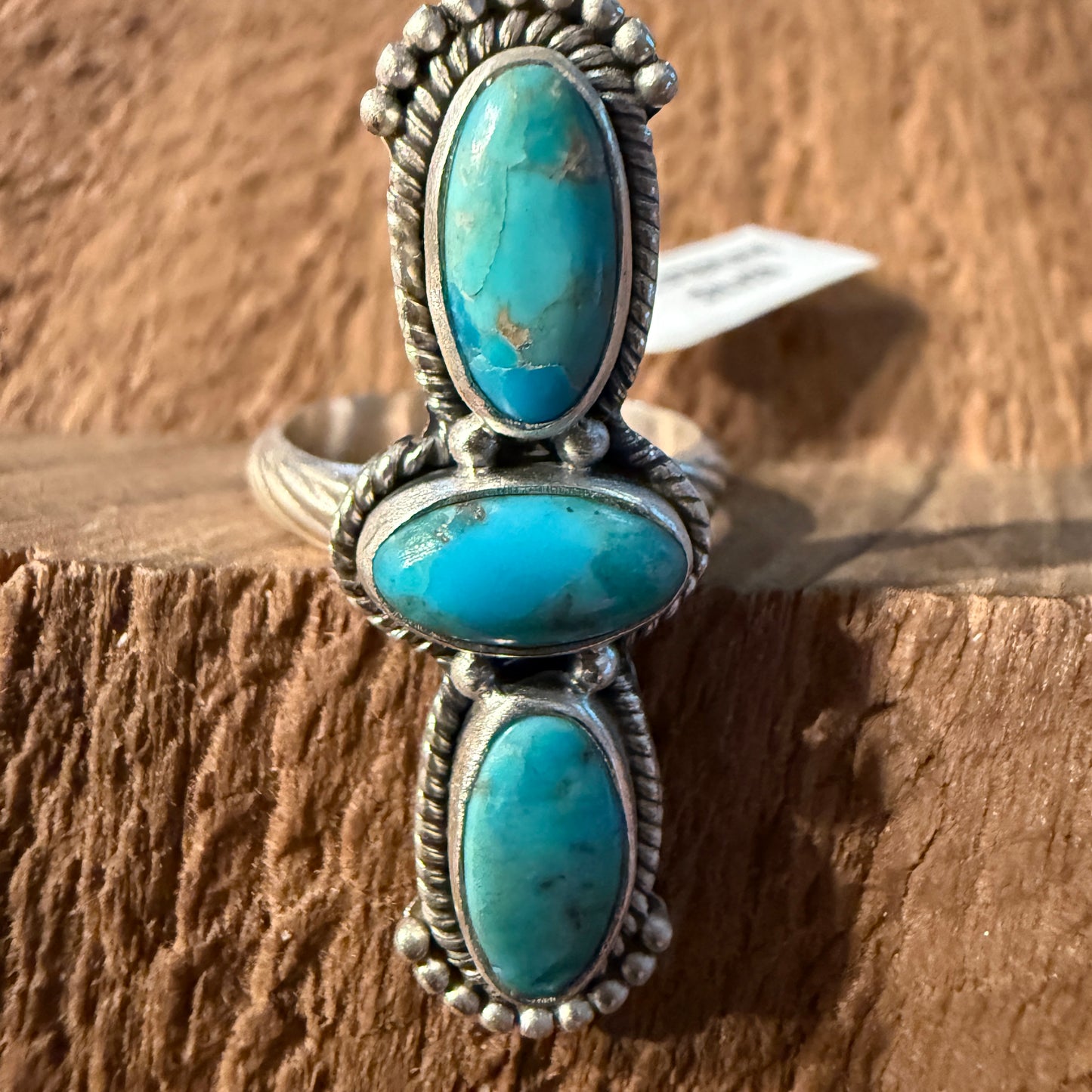 Mojave Turquoise Gemstone Three Stone Adjustable Ring in Sterling Silver Wild West Boho