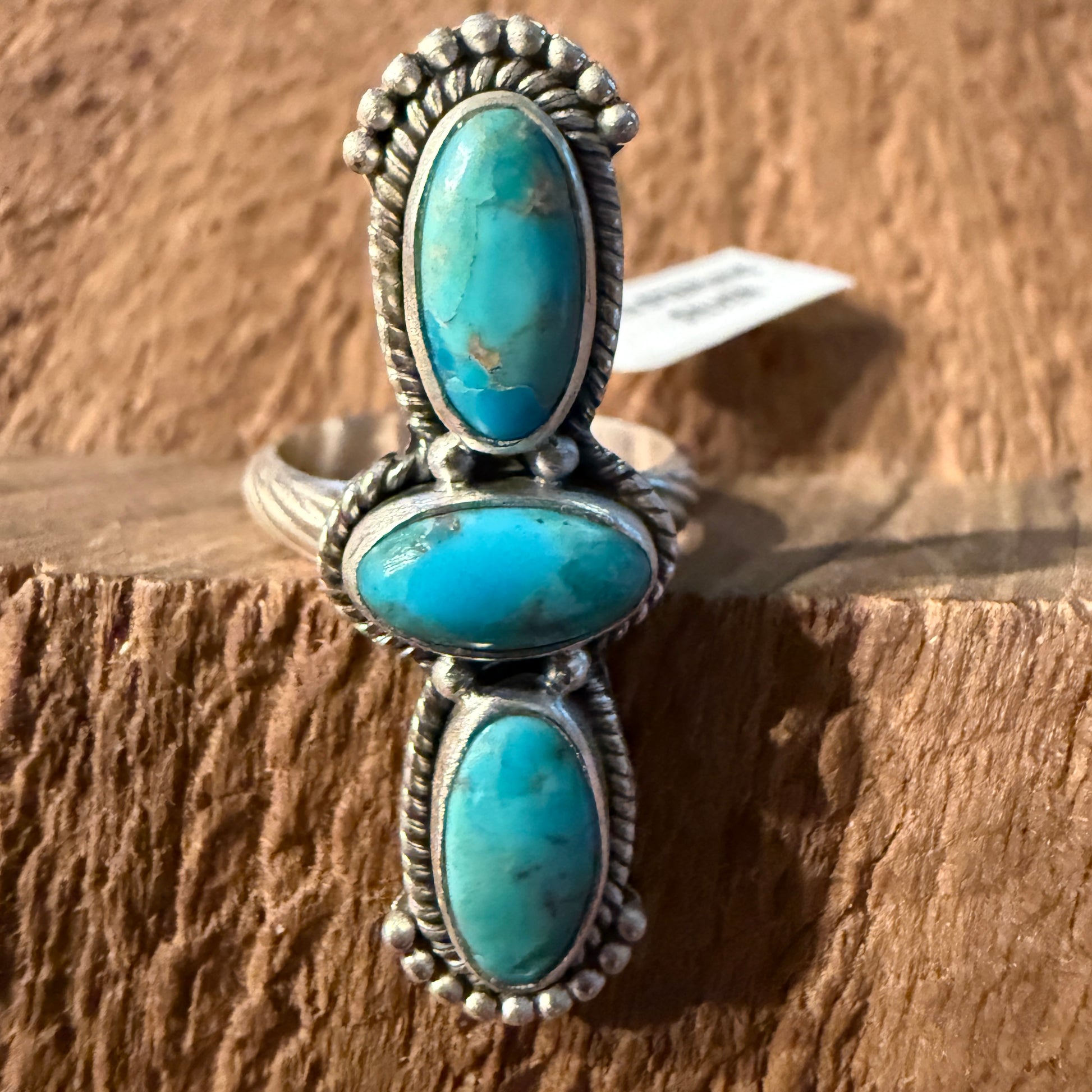 Mojave Turquoise Gemstone Three Stone Adjustable Ring in Sterling Silver Wild West Boho