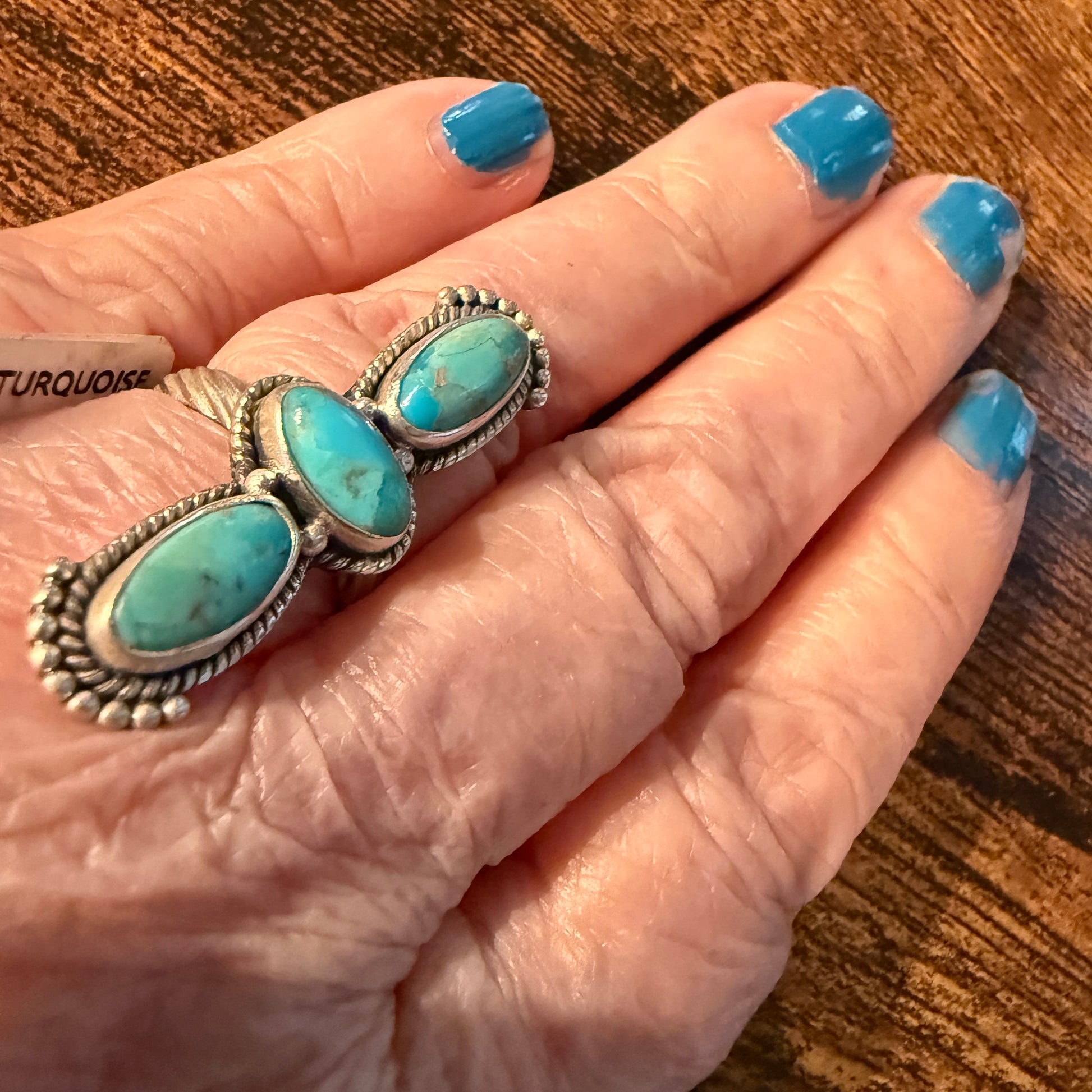 Mojave Turquoise Gemstone Three Stone Adjustable Ring in Sterling Silver Wild West Boho