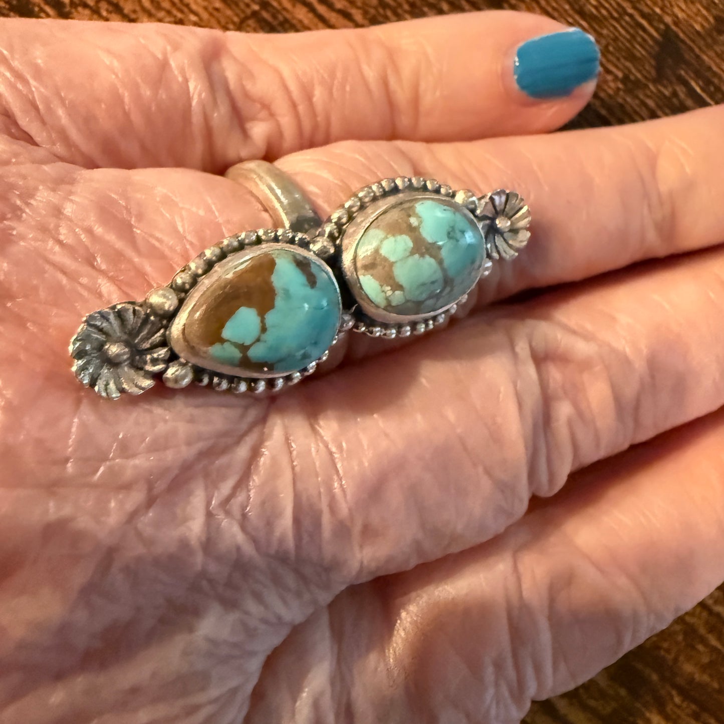 Mine Number 9 Turquoise Gemstone Adjustable Ring in Sterling Silver Wild West Boho