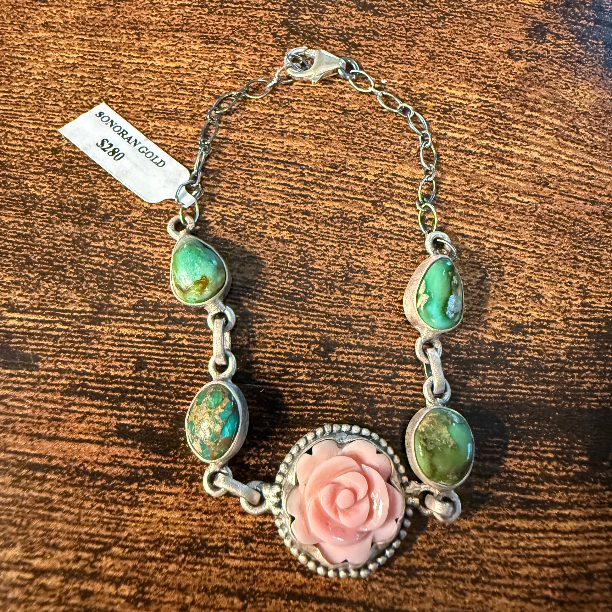 Sonoran Gold and Pink Conch Turquoise Gemstone 8 Inch Bracelet Wild West Boho