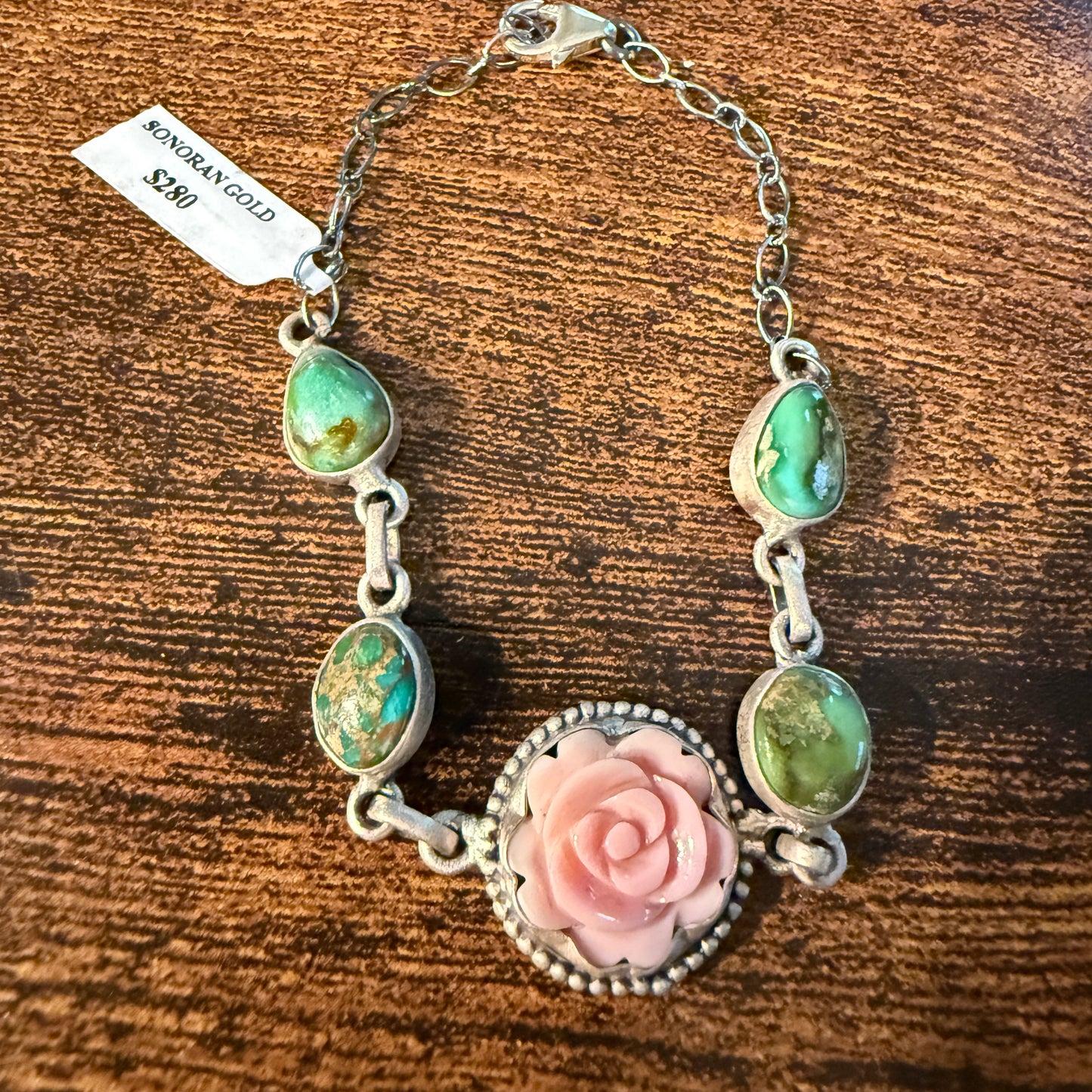 Sonoran Gold and Pink Conch Turquoise Gemstone 8 Inch Bracelet Wild West Boho