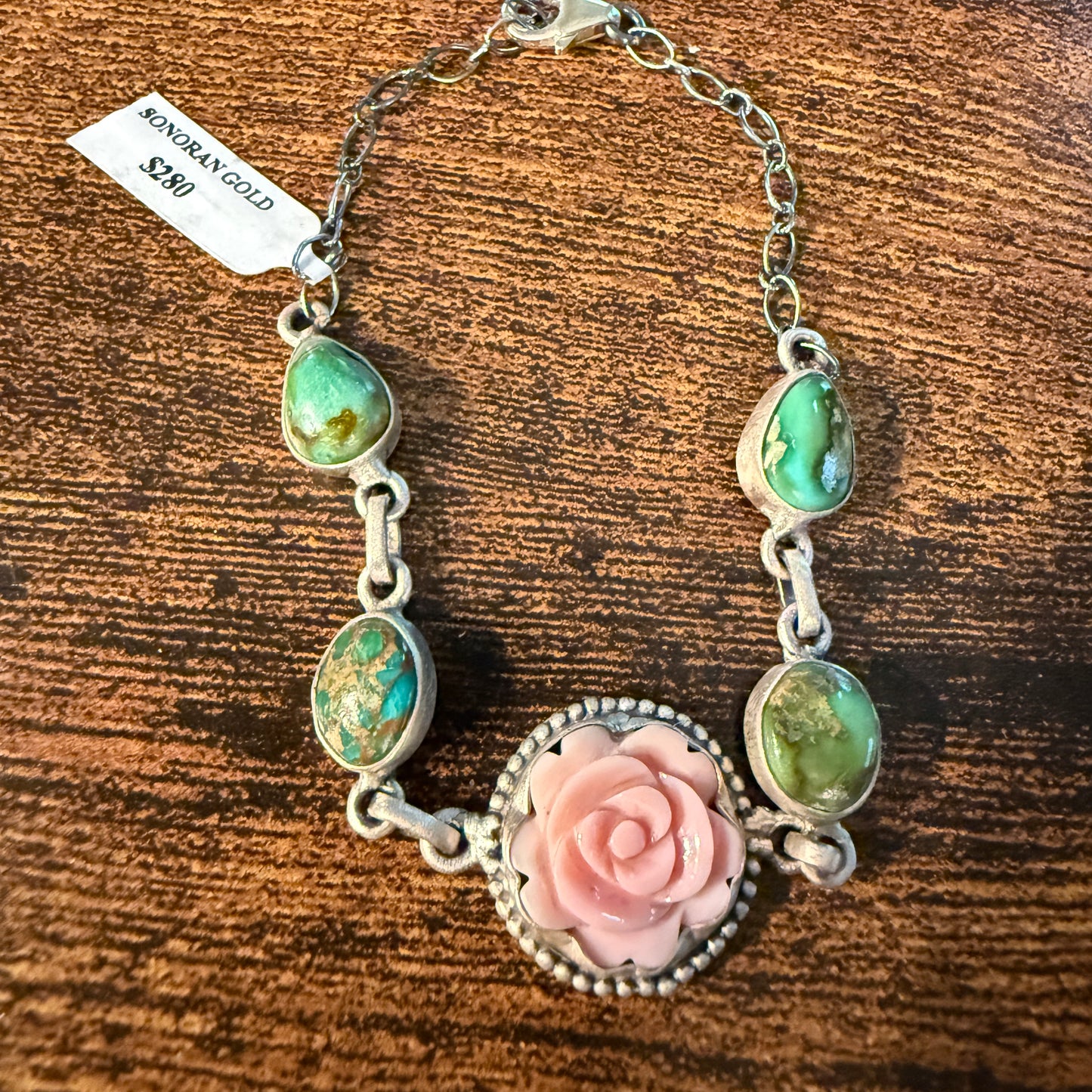 Sonoran Gold and Pink Conch Turquoise Gemstone 8 Inch Bracelet Wild West Boho