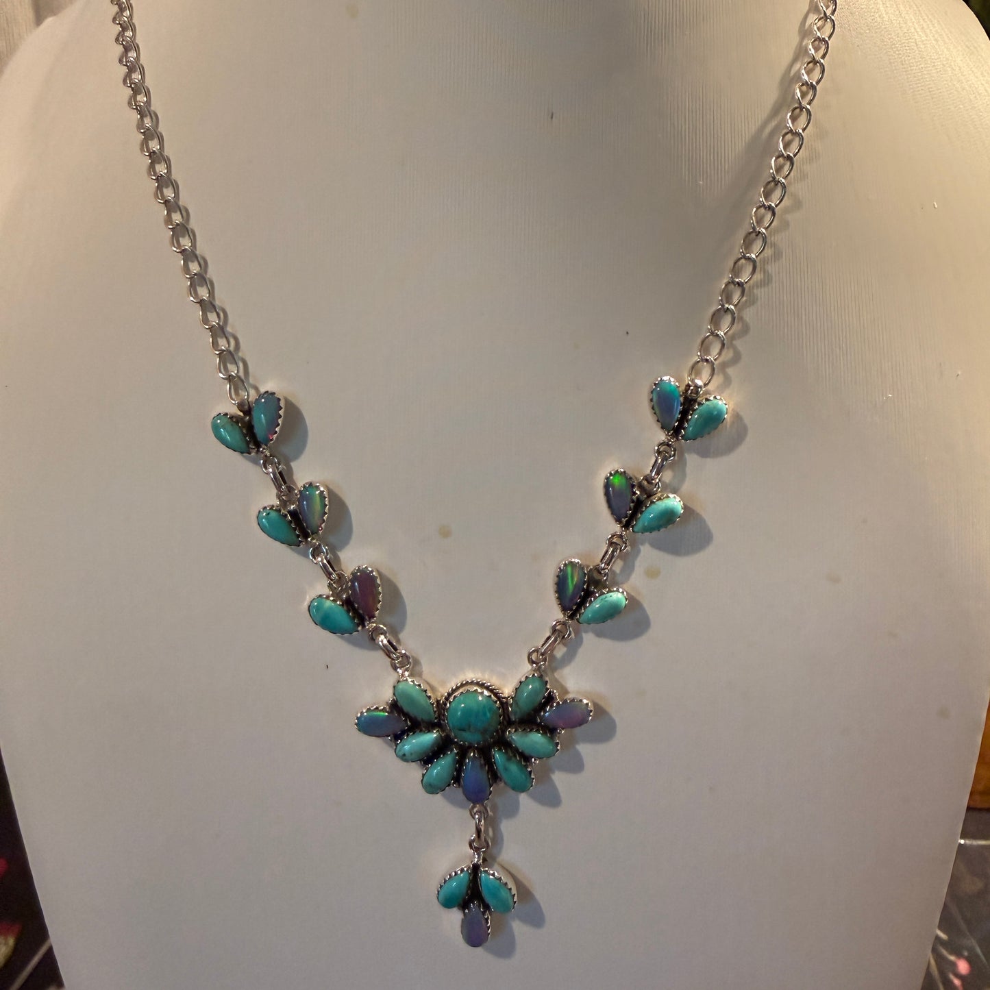Blue Opal and Turquoise Gemstone Lariat Necklace in Sterling Silver Wild West Boho