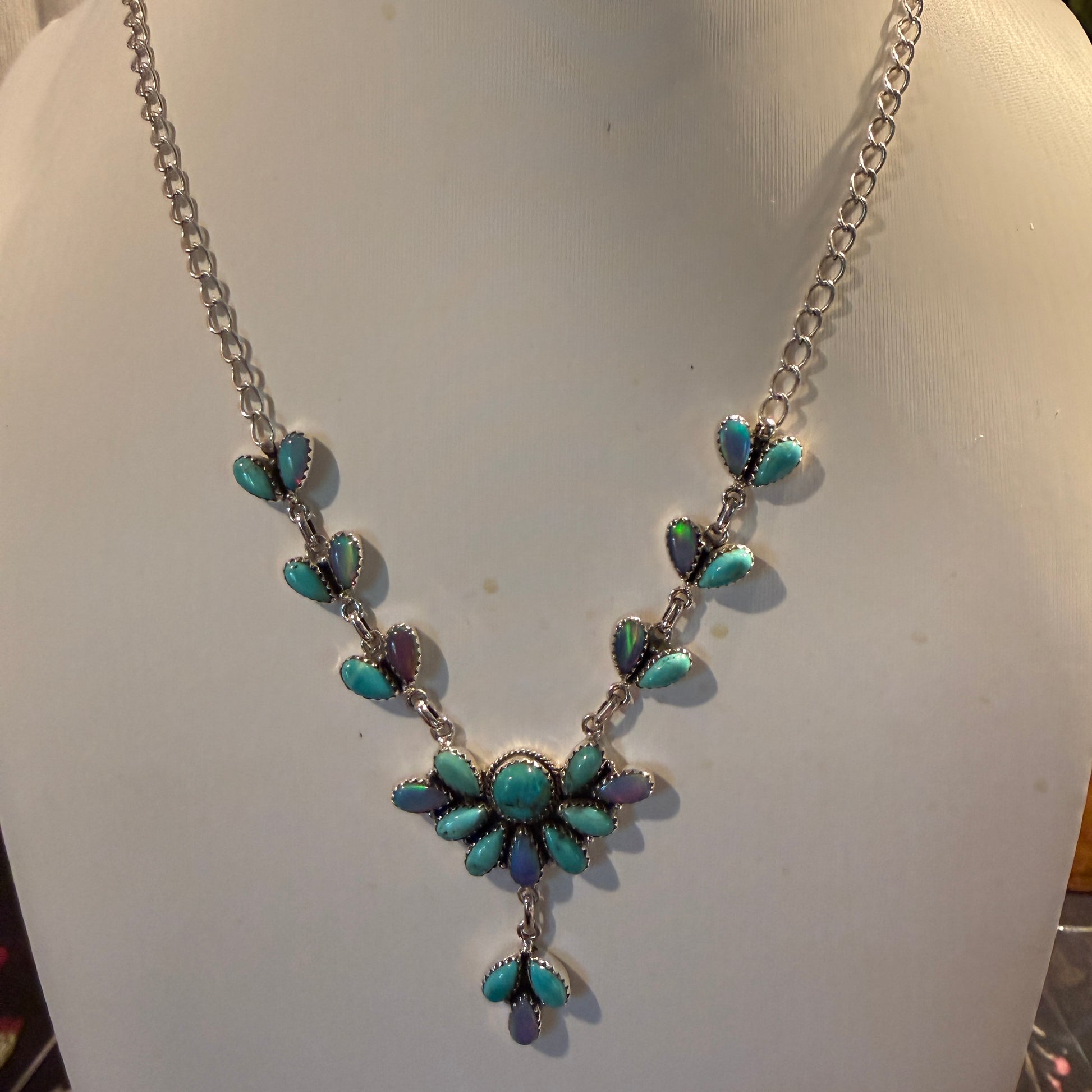 Blue Opal and Turquoise Gemstone Lariat Necklace in Sterling Silver Wild West Boho