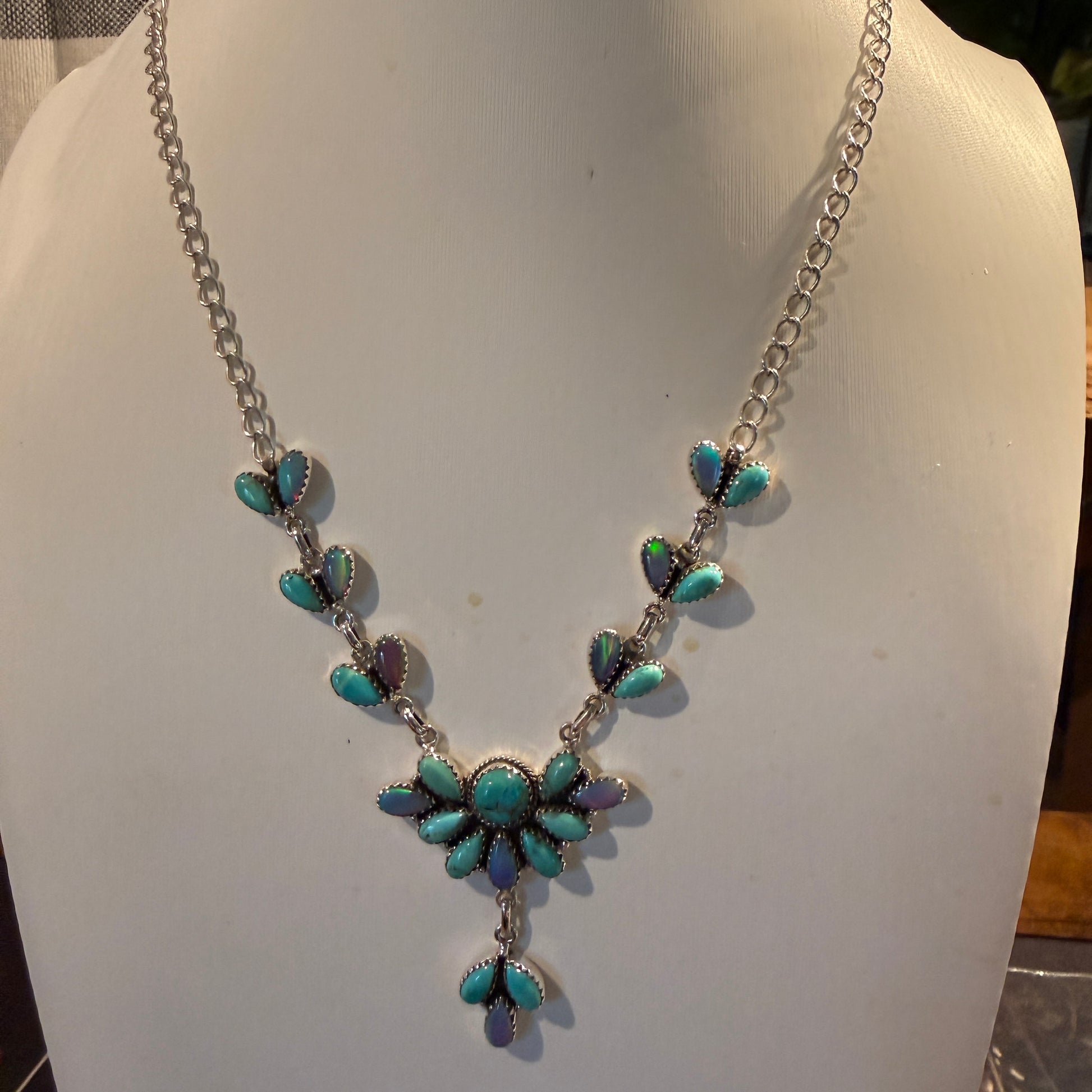 Blue Opal and Turquoise Gemstone Lariat Necklace in Sterling Silver Wild West Boho