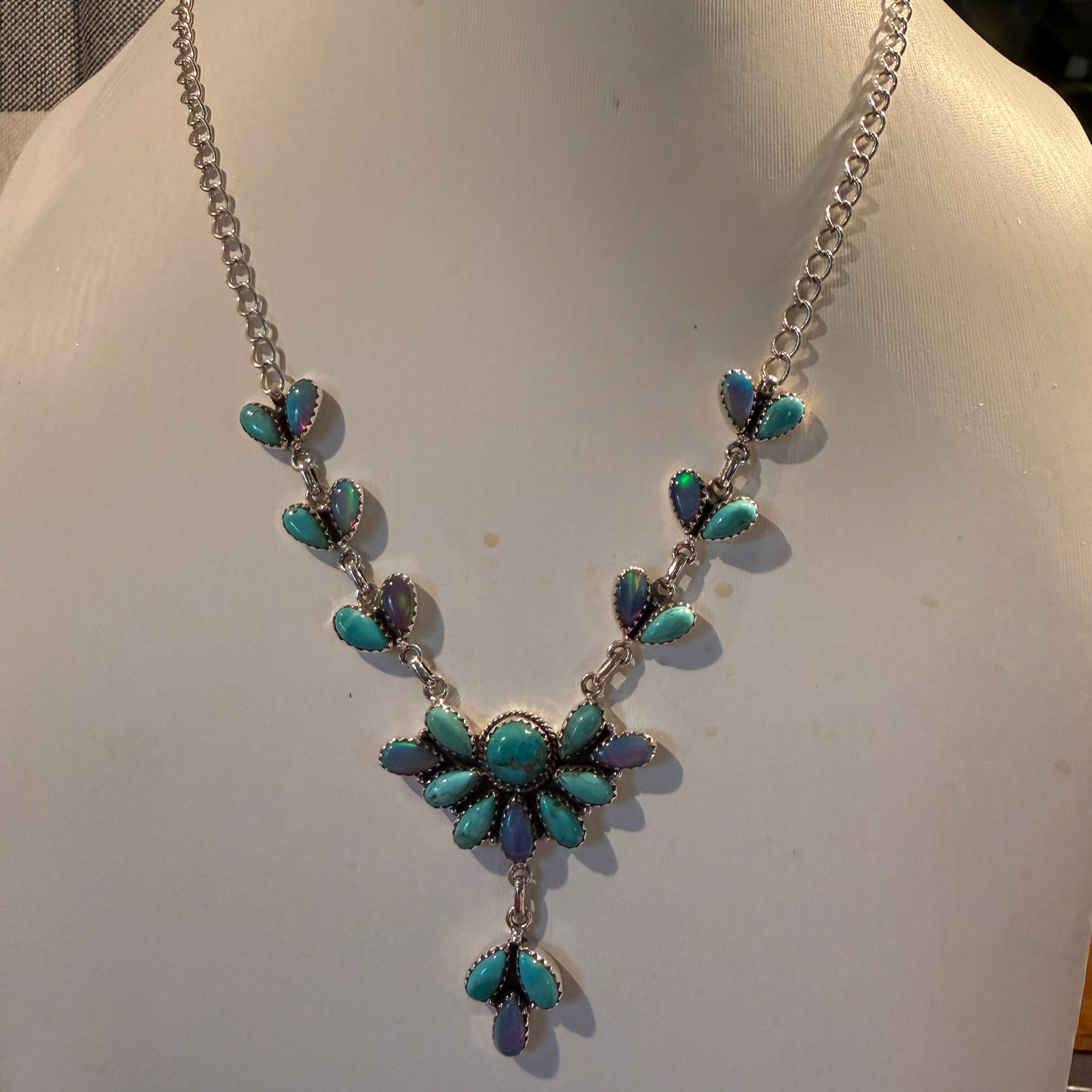 Blue Opal and Turquoise Gemstone Lariat Necklace in Sterling Silver Wild West Boho