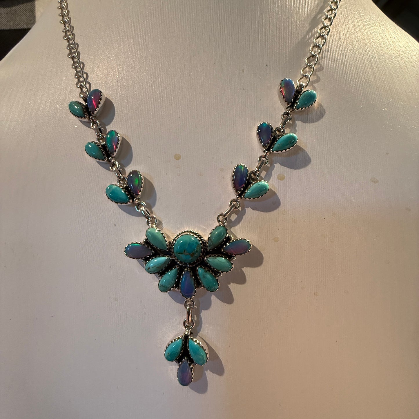 Blue Opal and Turquoise Gemstone Lariat Necklace in Sterling Silver Wild West Boho