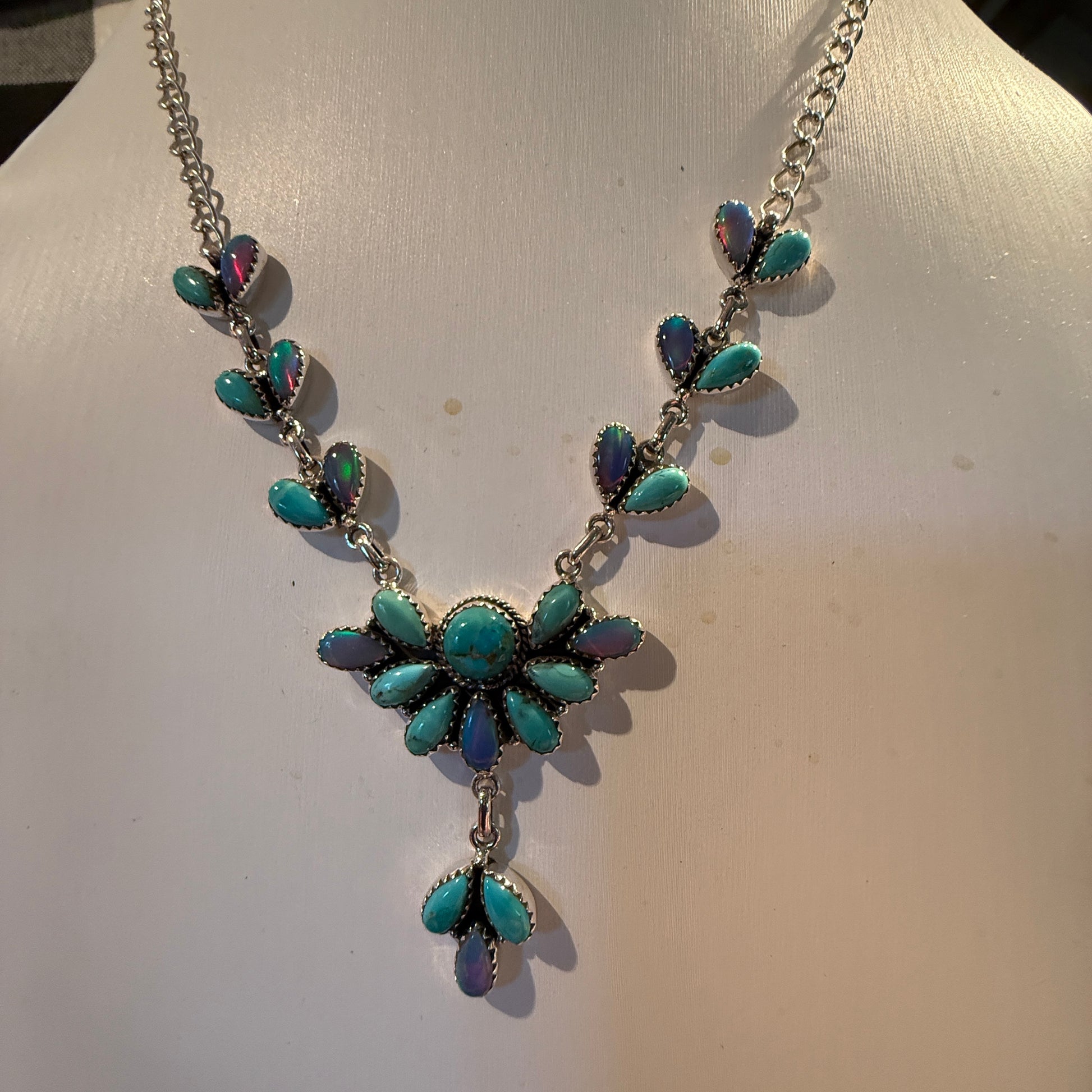 Blue Opal and Turquoise Gemstone Lariat Necklace in Sterling Silver Wild West Boho