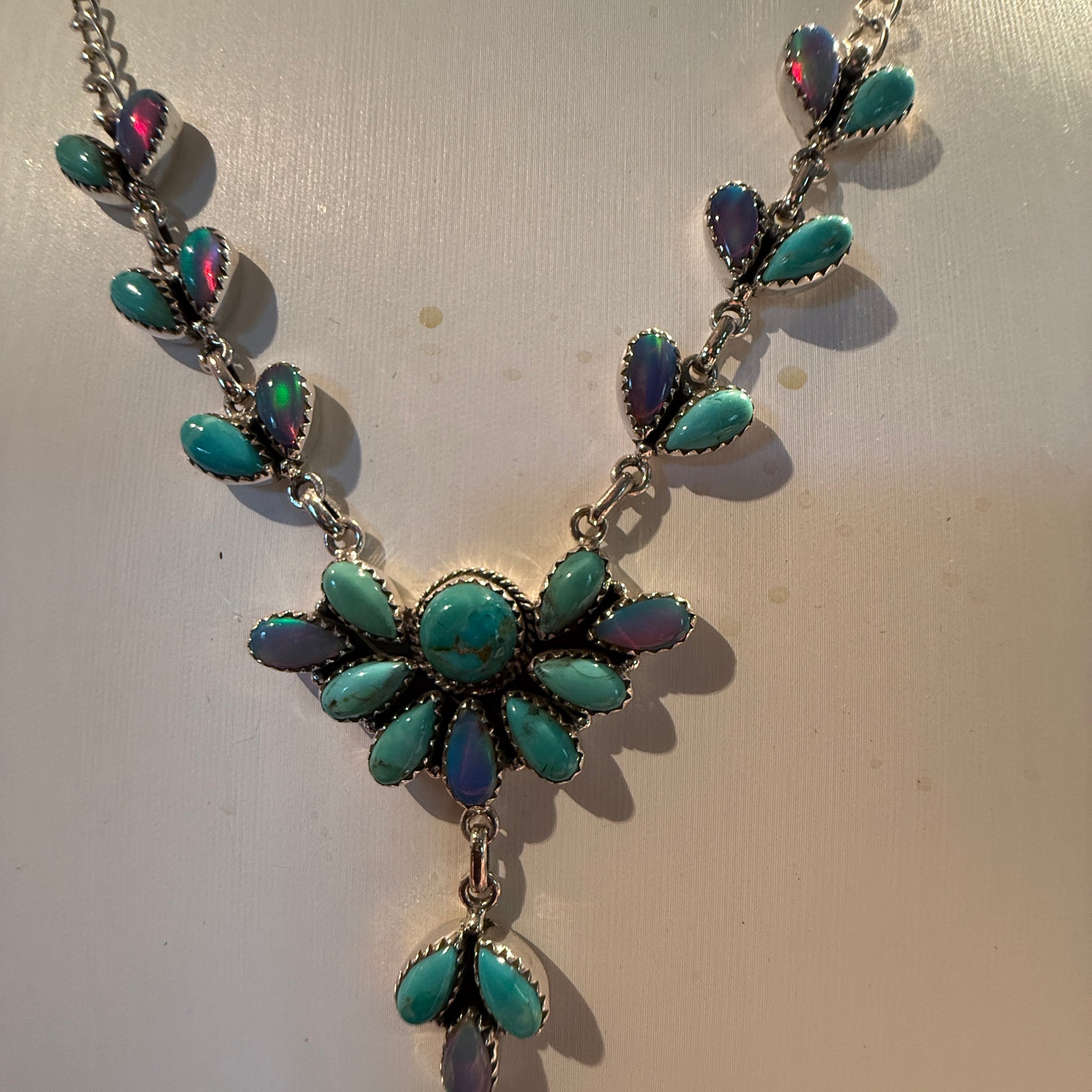 Blue Opal and Turquoise Gemstone Lariat Necklace in Sterling Silver Wild West Boho