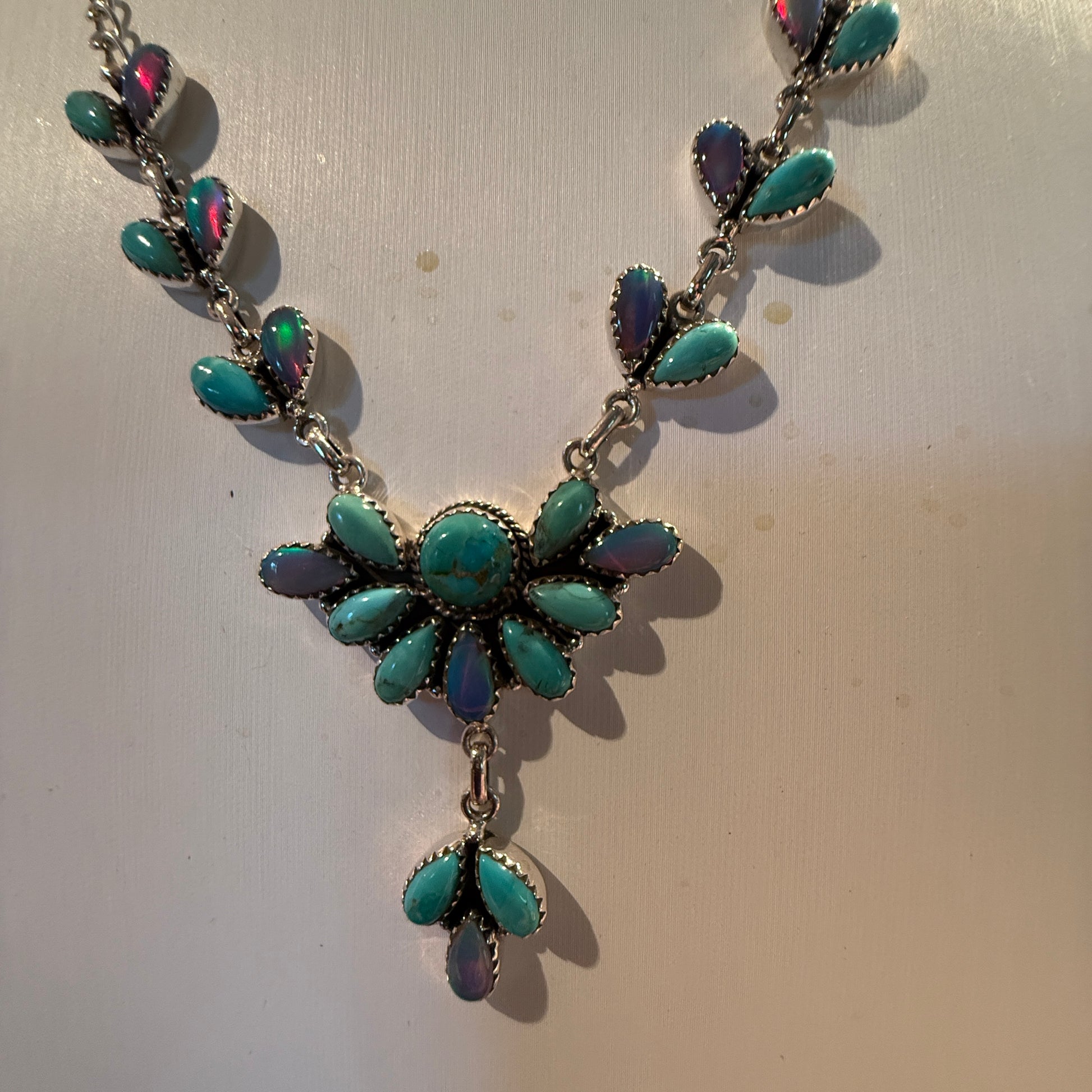 Blue Opal and Turquoise Gemstone Lariat Necklace in Sterling Silver Wild West Boho