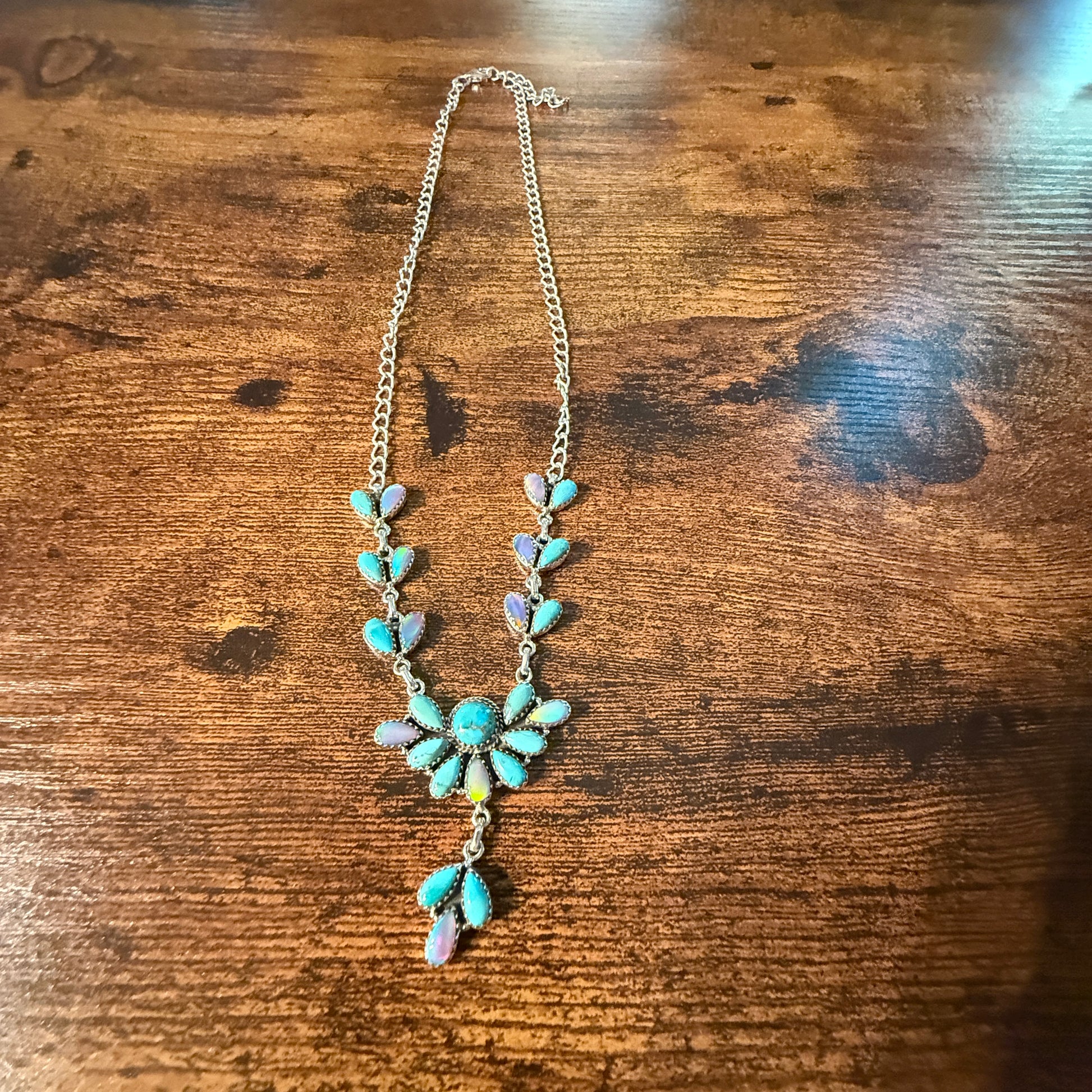 Blue Opal and Turquoise Gemstone Lariat Necklace in Sterling Silver Wild West Boho
