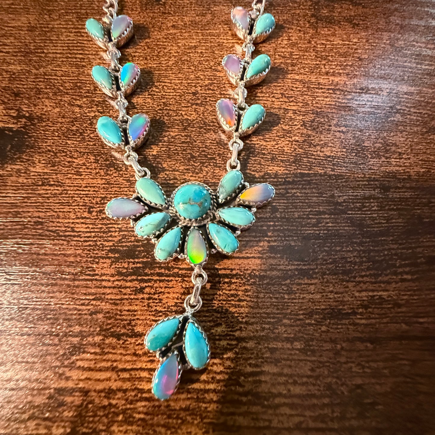 Blue Opal and Turquoise Gemstone Lariat Necklace in Sterling Silver Wild West Boho