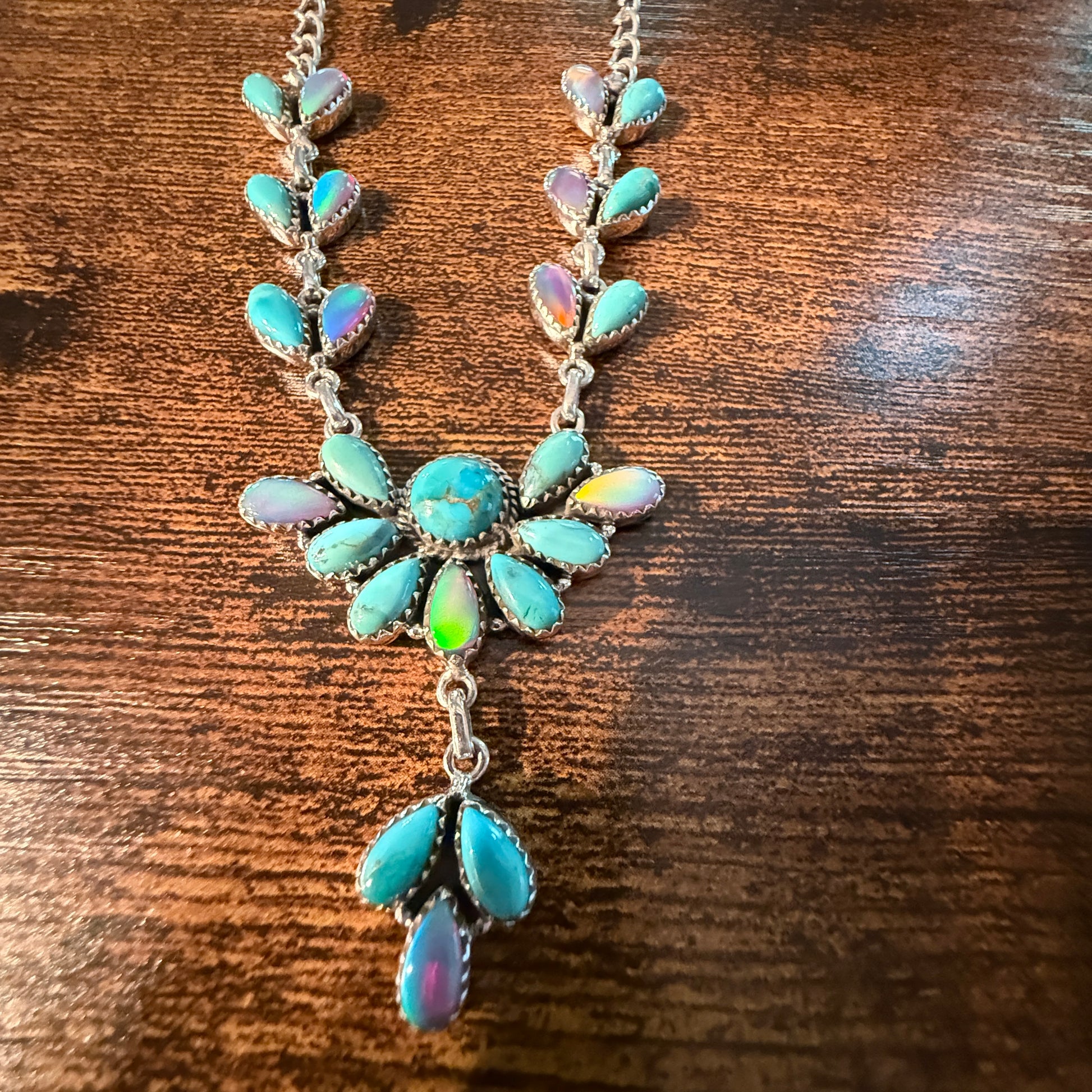 Blue Opal and Turquoise Gemstone Lariat Necklace in Sterling Silver Wild West Boho