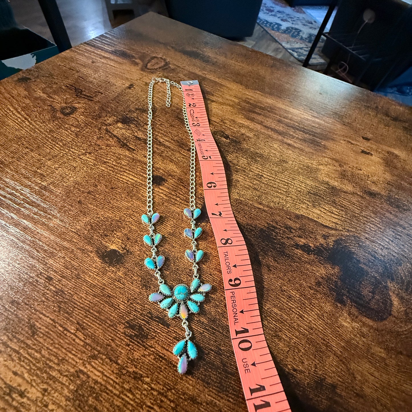 Blue Opal and Turquoise Gemstone Lariat Necklace in Sterling Silver, 20 Inch Wild West Boho