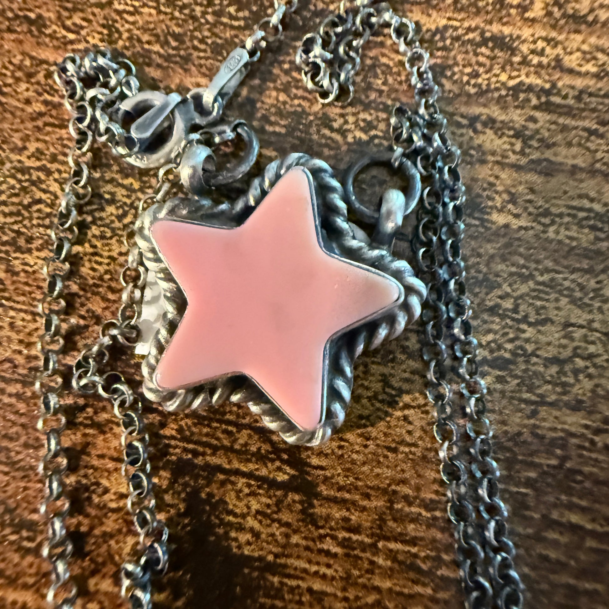 Larson Chee Signed Navajo Queen Pink Conch 18 Inch Necklace in Sterling Silver Wild West Boho