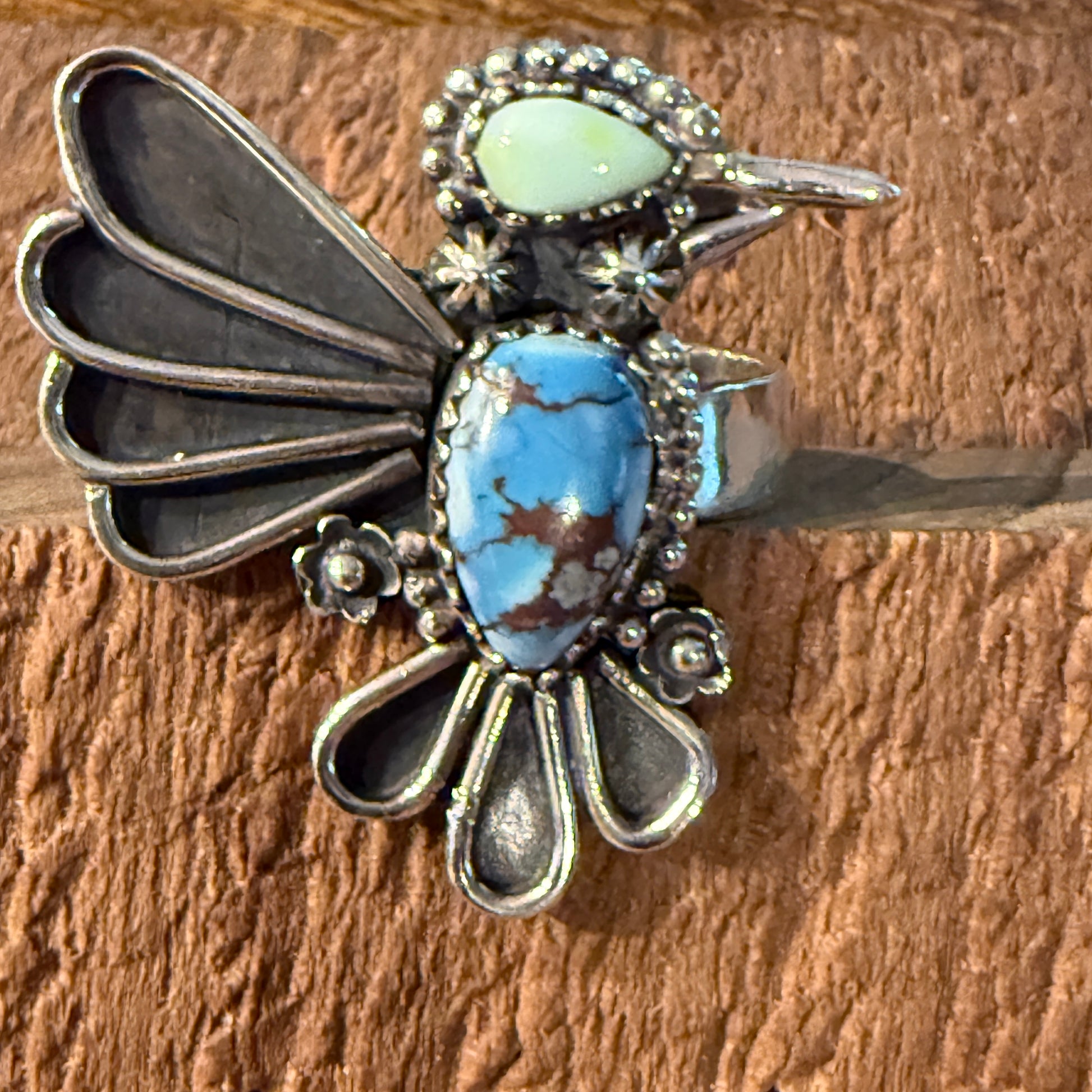 Golden Hills Turquoise Gemstone Thunderbird Adjustable Ring in Sterling Silver Wild West Boho