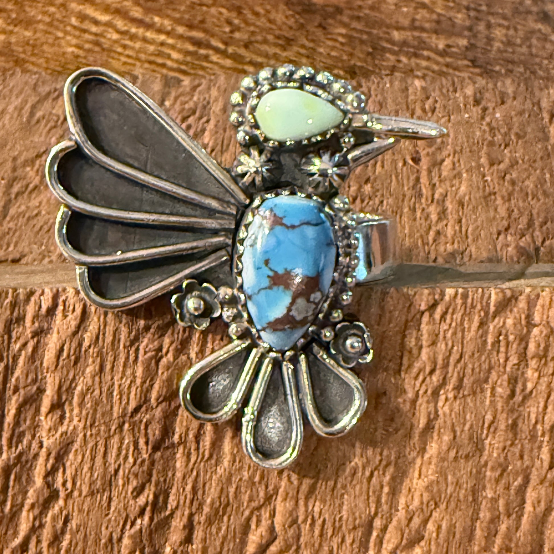 Golden Hills Turquoise Gemstone Thunderbird Adjustable Ring in Sterling Silver Wild West Boho