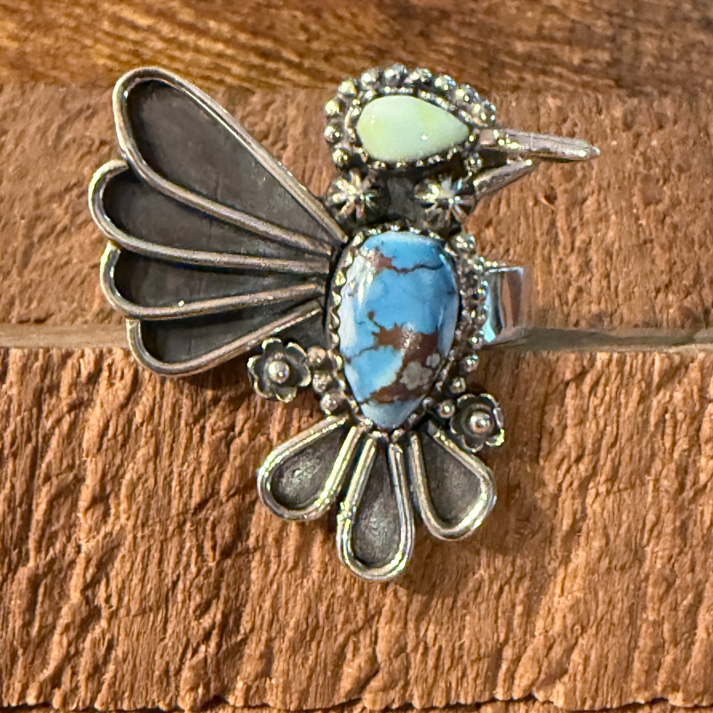 Golden Hills Turquoise Gemstone Thunderbird Adjustable Ring in Sterling Silver Wild West Boho
