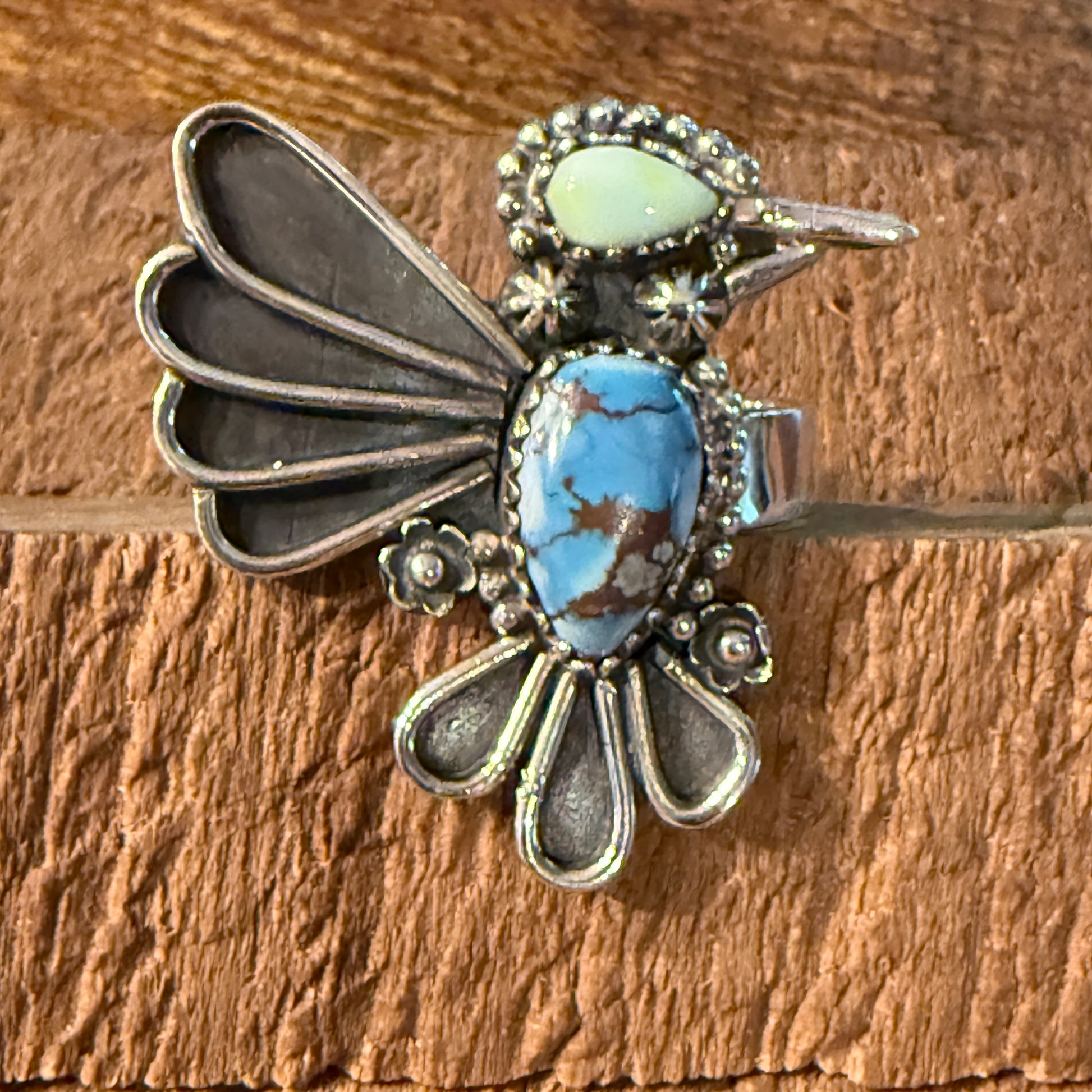 Golden Hills Turquoise Gemstone Thunderbird Adjustable Ring in Sterling Silver Wild West Boho