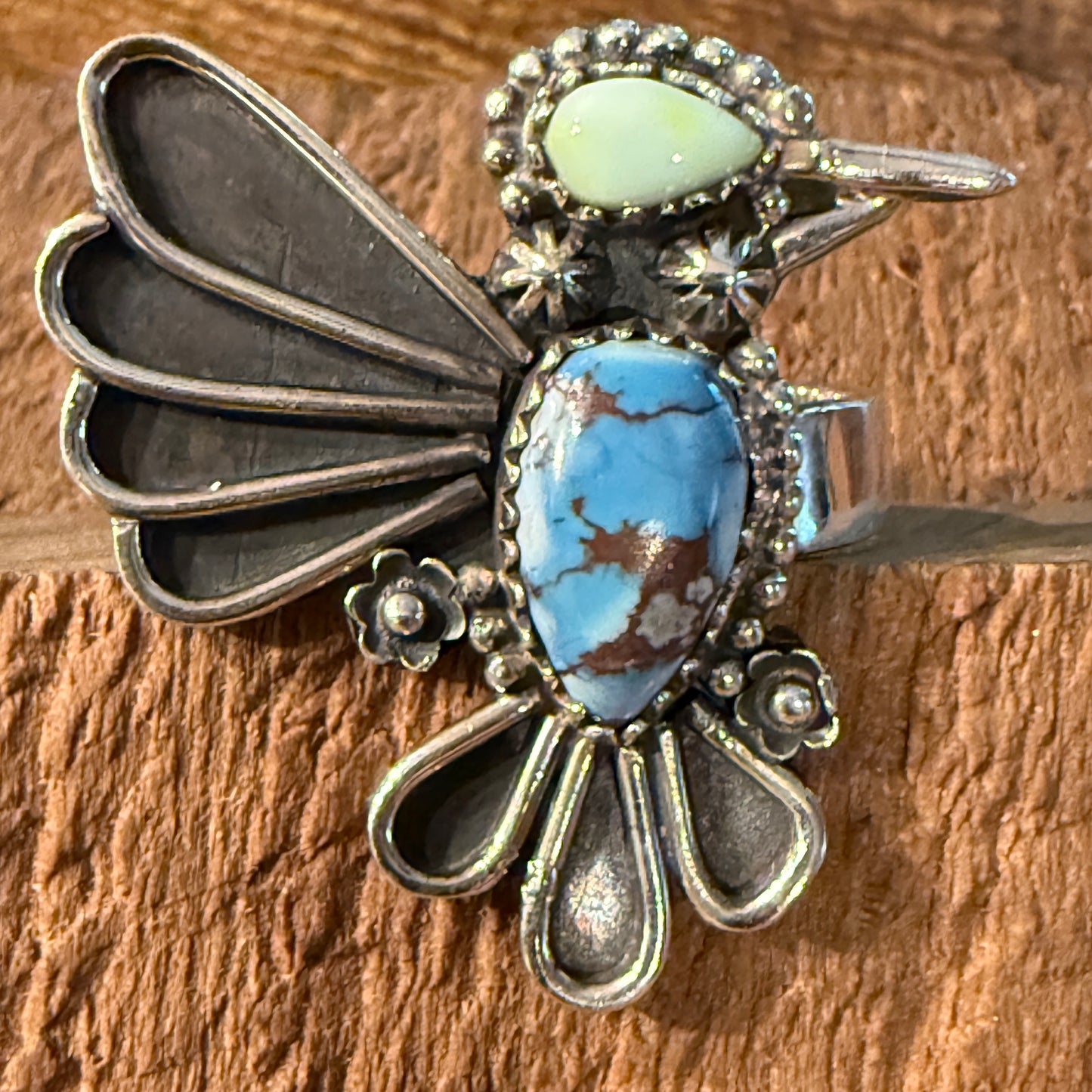 Golden Hills Turquoise Gemstone Thunderbird Adjustable Ring in Sterling Silver Wild West Boho