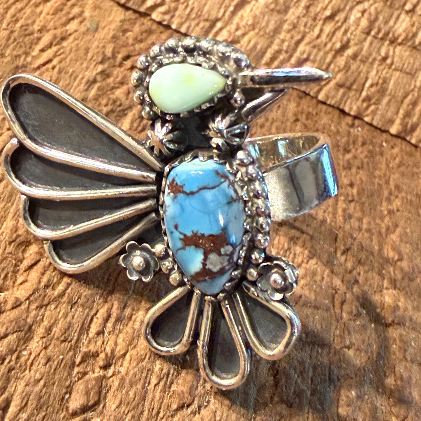 Golden Hills Turquoise Gemstone Thunderbird Adjustable Ring in Sterling Silver Wild West Boho