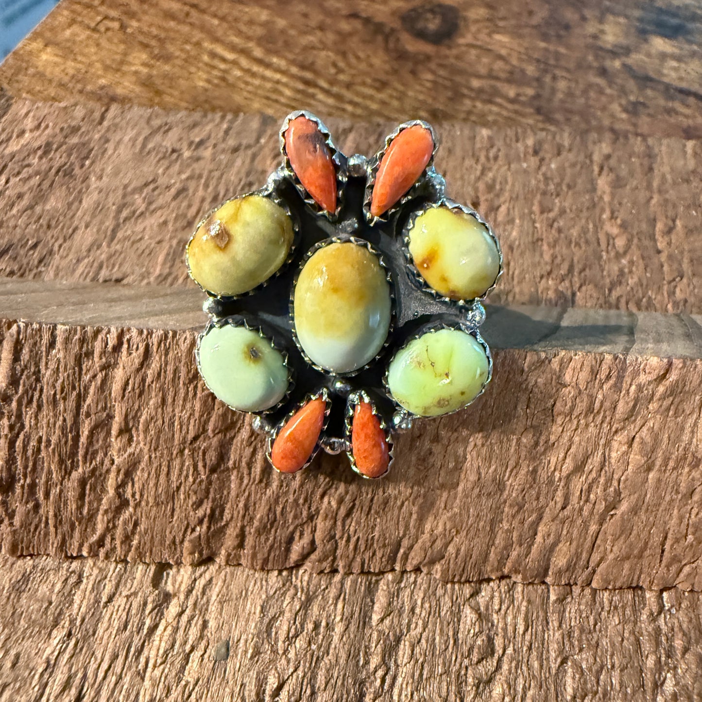 Paloma Turquoise and Orange Spiny Gemstone Adjustable Ring in Sterling Silver Wild West Boho
