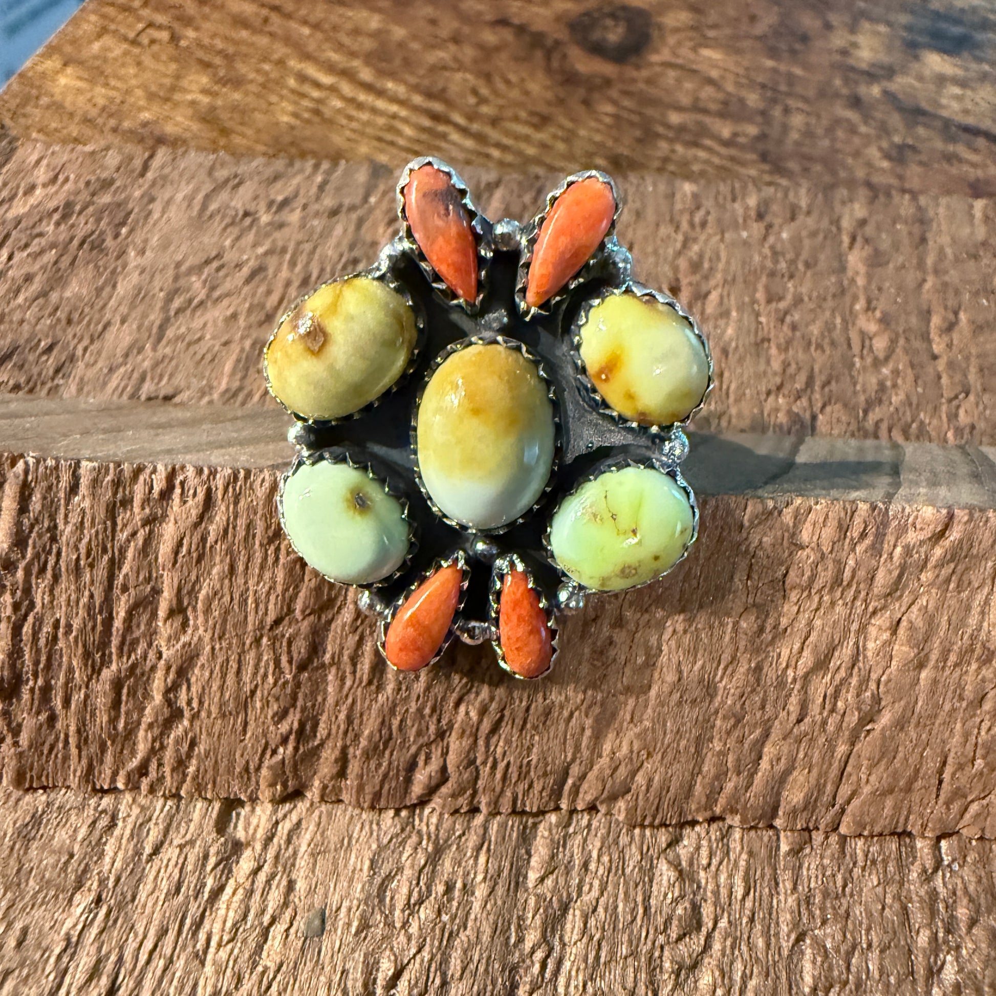 Paloma Turquoise and Orange Spiny Gemstone Adjustable Ring in Sterling Silver Wild West Boho