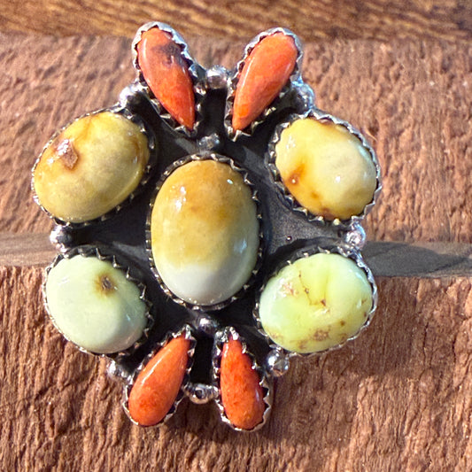Paloma Turquoise and Orange Spiny Gemstone Adjustable Ring in Sterling Silver Wild West Boho