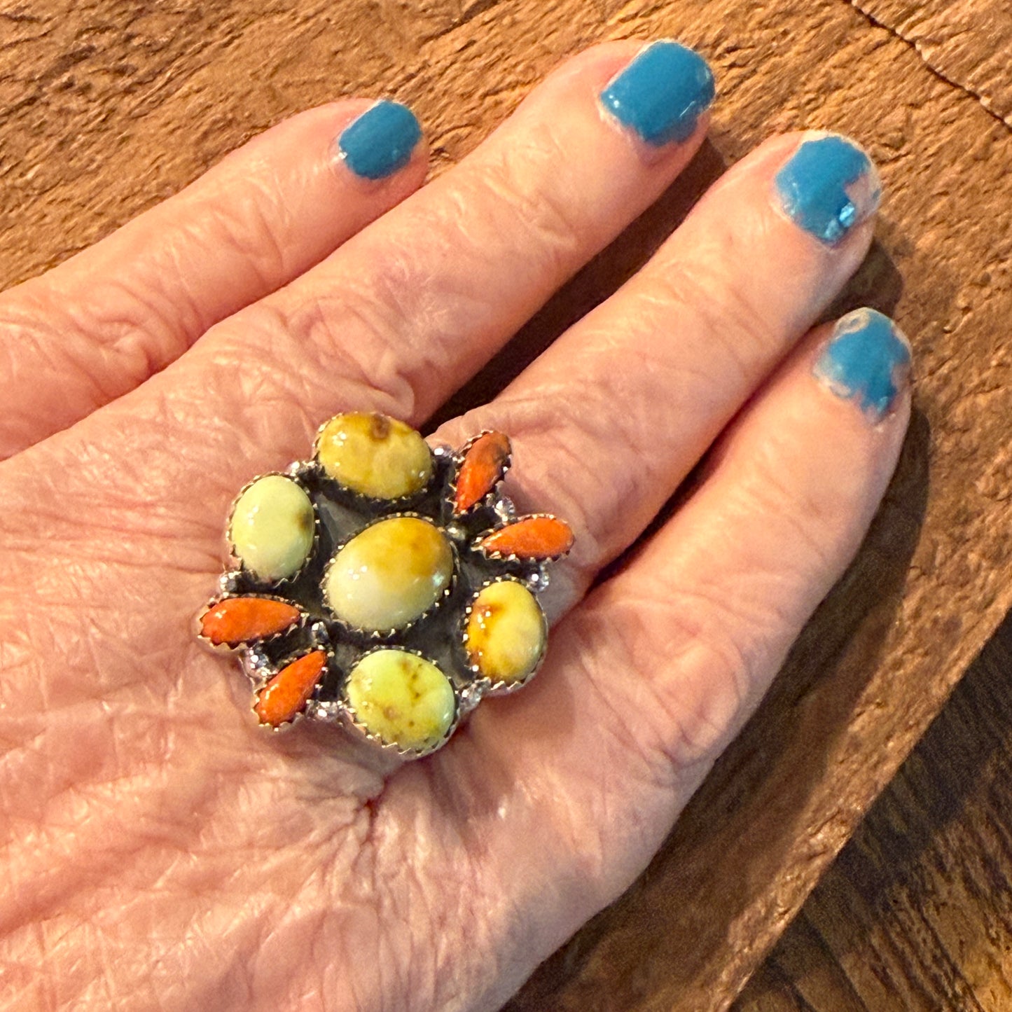 Paloma Turquoise and Orange Spiny Gemstone Adjustable Ring in Sterling Silver Wild West Boho