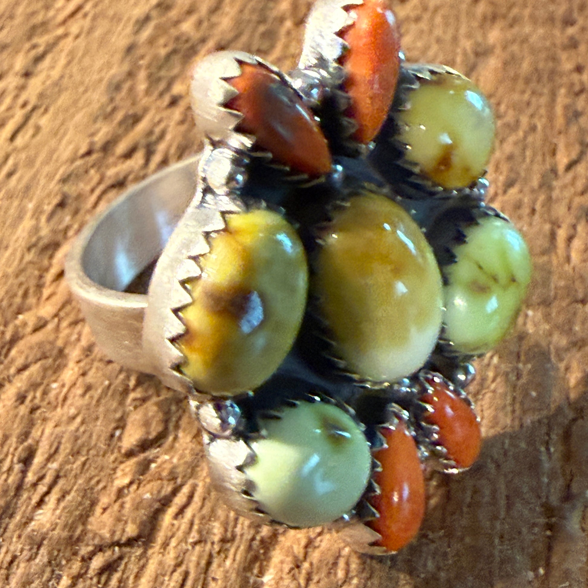 Paloma Turquoise and Orange Spiny Gemstone Adjustable Ring in Sterling Silver Wild West Boho
