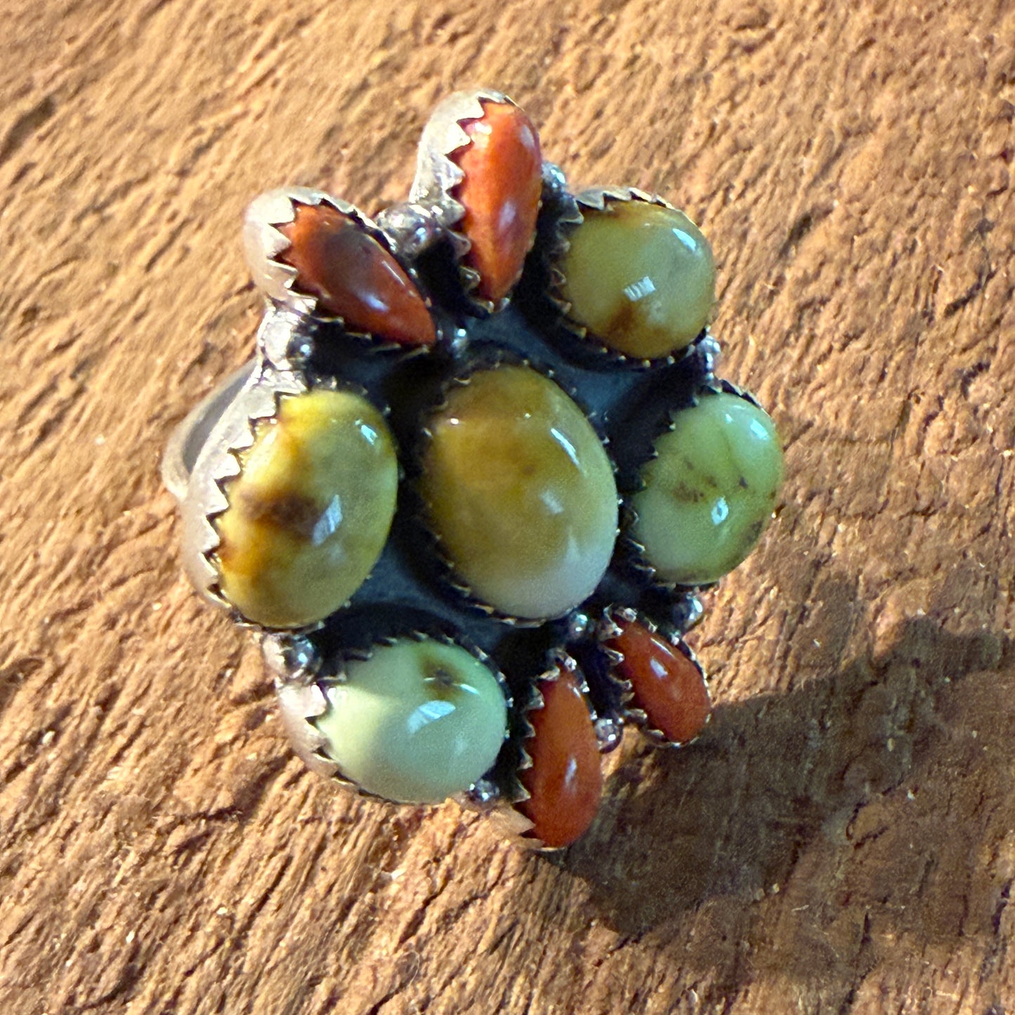 Paloma Turquoise and Orange Spiny Gemstone Adjustable Ring in Sterling Silver Wild West Boho