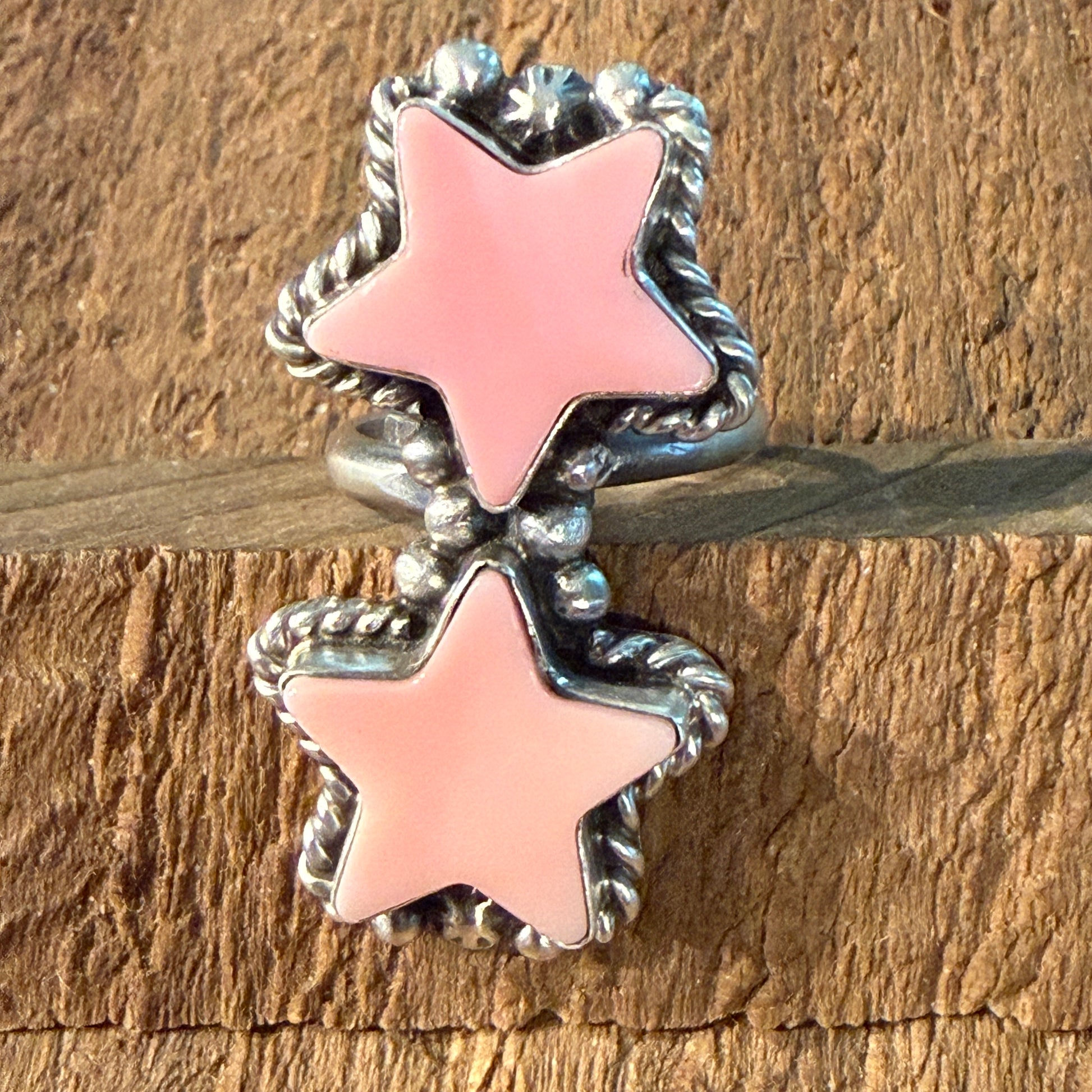 Eugene Belone Native Handmade Pink Queen Conch Star Ring in Sterling Silver Adjustable Wild West Boho