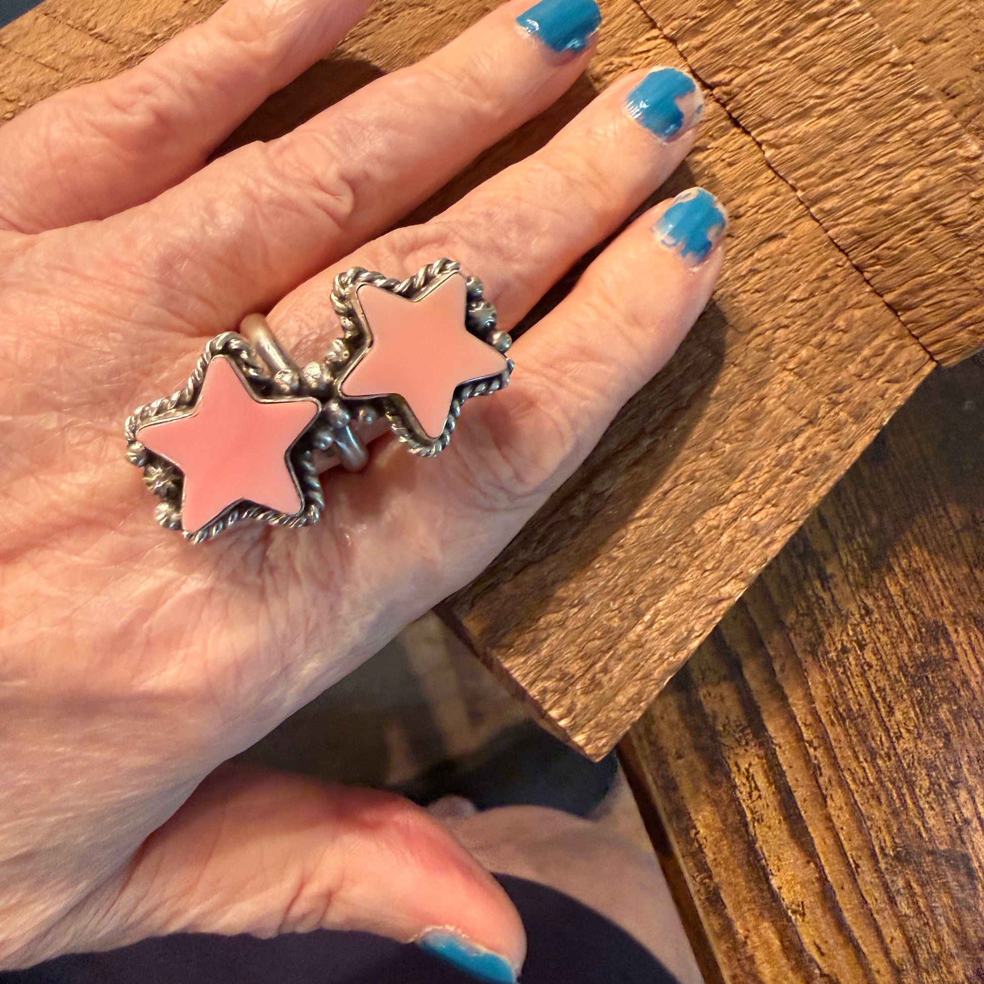 Eugene Belone Native Handmade Pink Queen Conch Star Ring in Sterling Silver Adjustable Wild West Boho