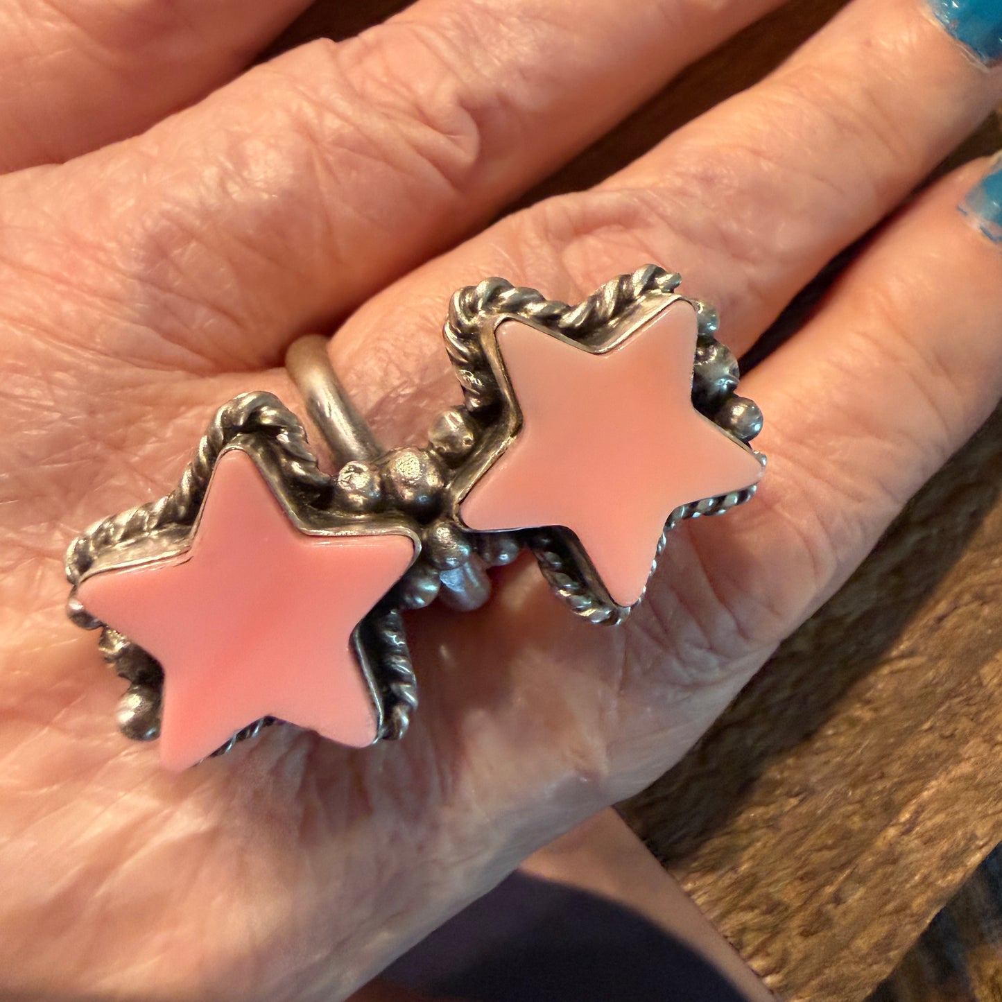 Eugene Belone Native Handmade Pink Queen Conch Star Ring in Sterling Silver Adjustable Wild West Boho