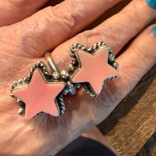 Eugene Belone Native Handmade Pink Queen Conch Star Ring in Sterling Silver Adjustable Wild West Boho