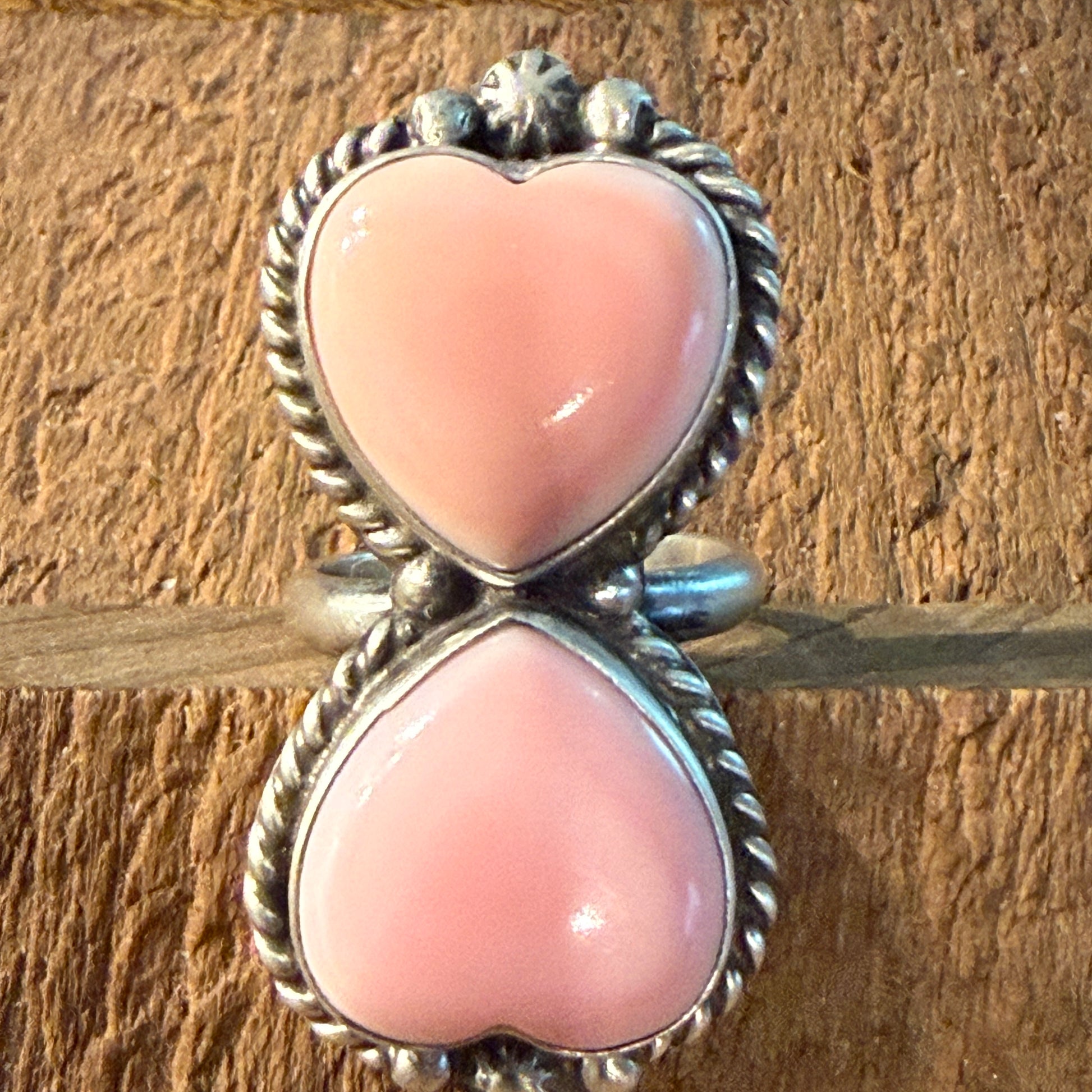 Eugene Betone Native Handmade Pink Queen Conch Heart Ring Adjustable in Sterling Silver Wild West Boho