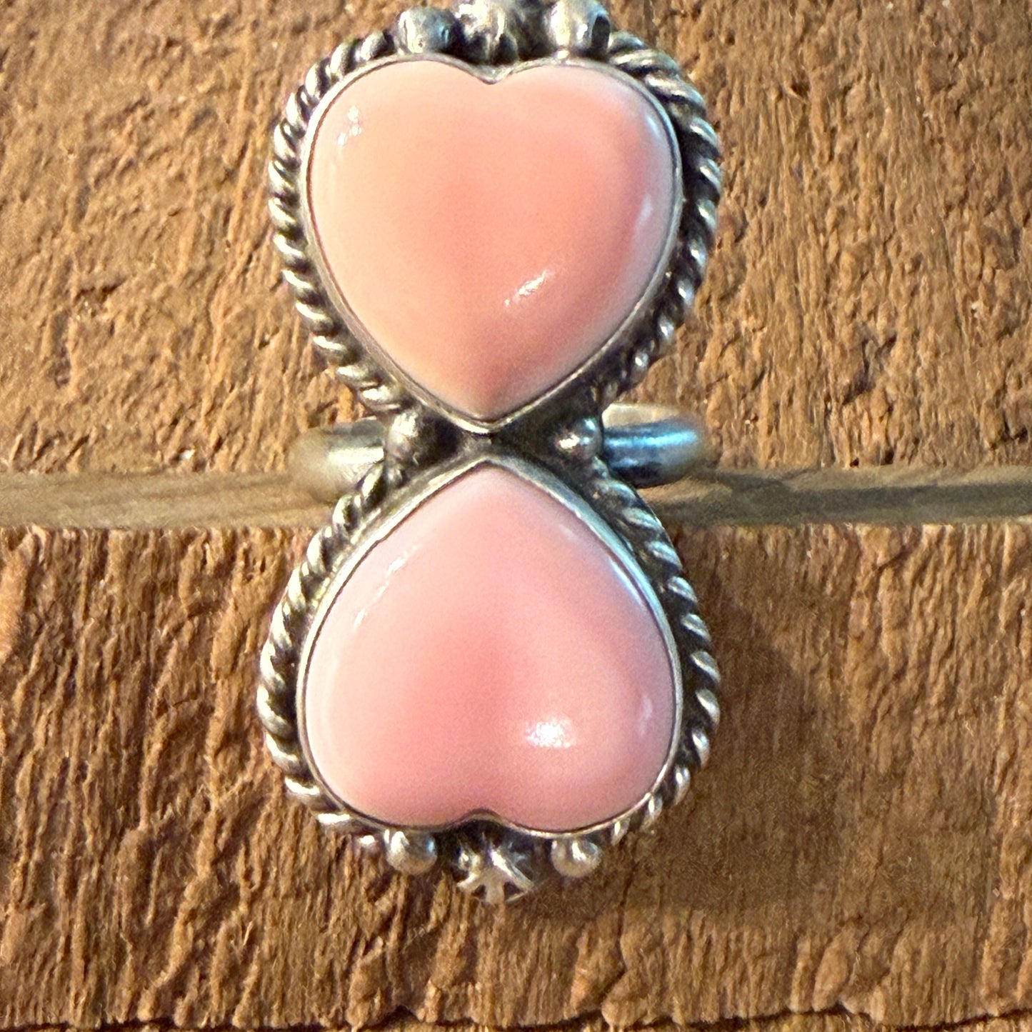 Eugene Betone Native Handmade Pink Queen Conch Heart Ring Adjustable in Sterling Silver Wild West Boho
