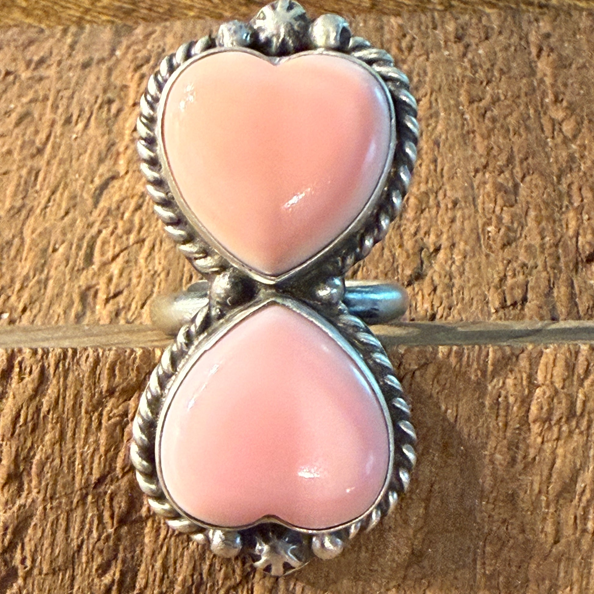 Eugene Betone Native Handmade Pink Queen Conch Heart Ring Adjustable in Sterling Silver Wild West Boho