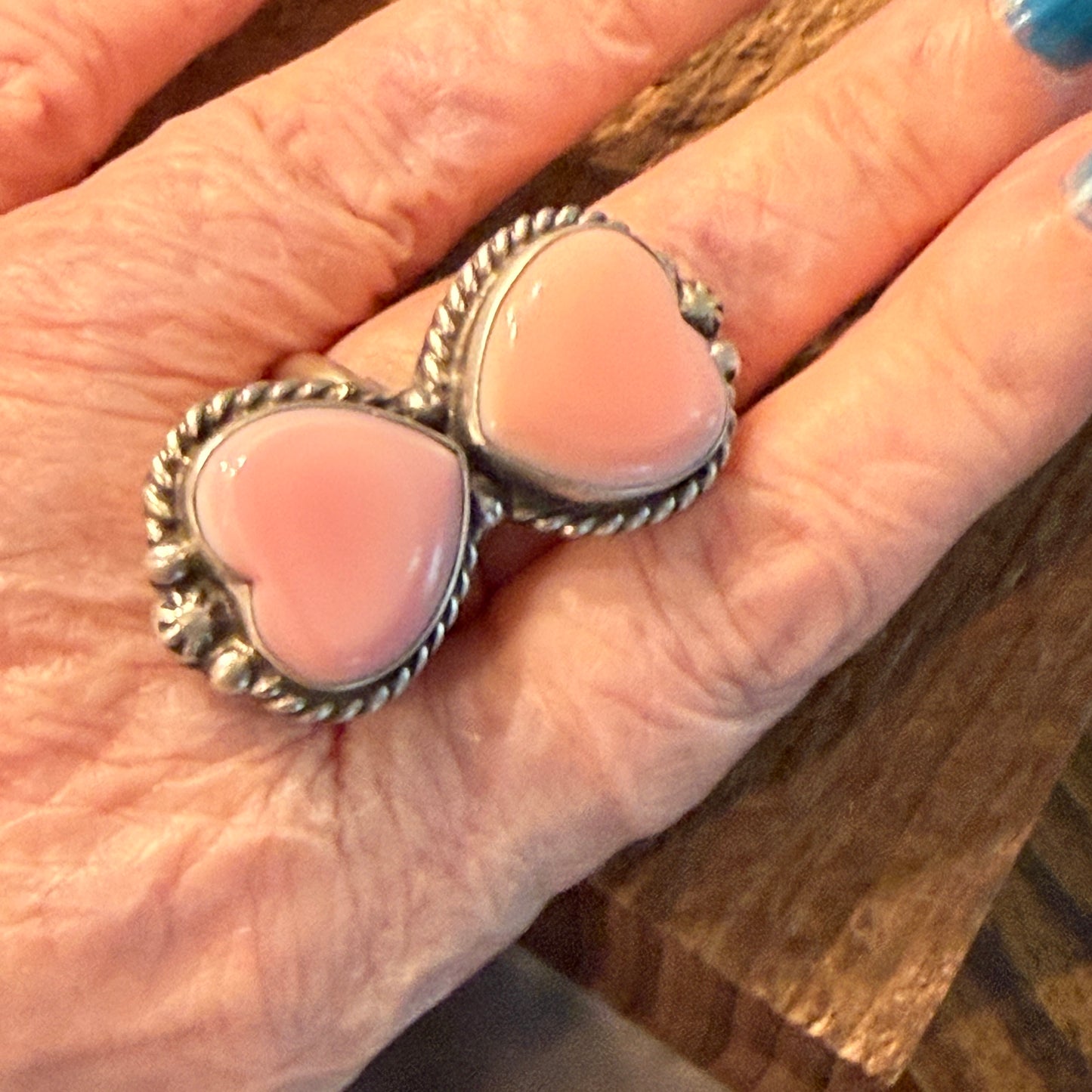 Eugene Betone Native Handmade Pink Queen Conch Heart Ring Adjustable in Sterling Silver Wild West Boho