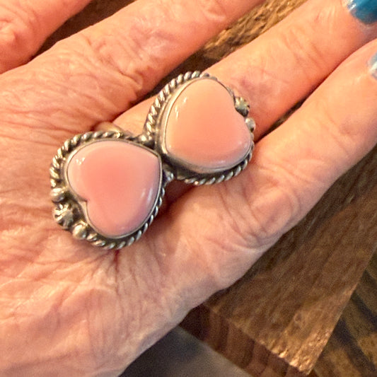 Eugene Betone Native Handmade Pink Queen Conch Heart Ring Adjustable in Sterling Silver Wild West Boho