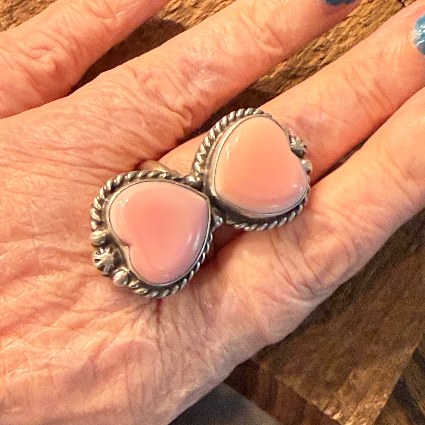 Eugene Betone Native Handmade Pink Queen Conch Heart Ring Adjustable in Sterling Silver Wild West Boho