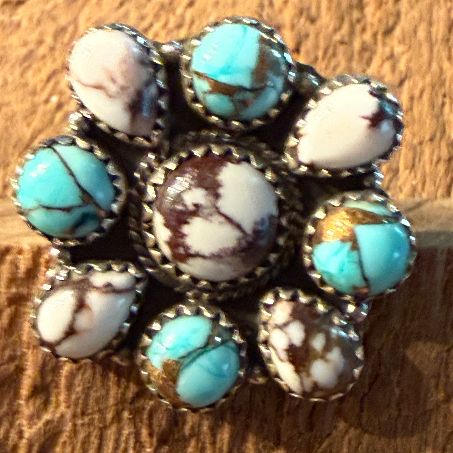 Wild Horse and Golden Hills Turquoise Cluster Ring Adjustable in Sterling Silver Wild West Boho
