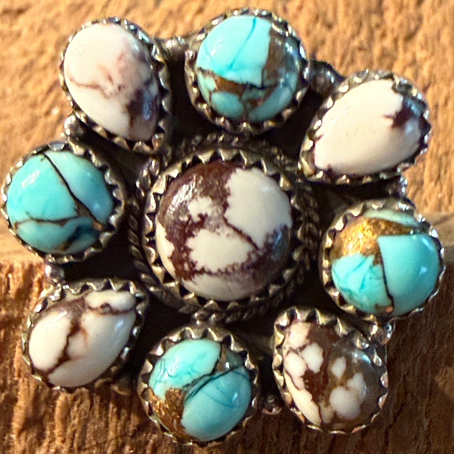 Wild Horse and Golden Hills Turquoise Cluster Ring Adjustable in Sterling Silver Wild West Boho