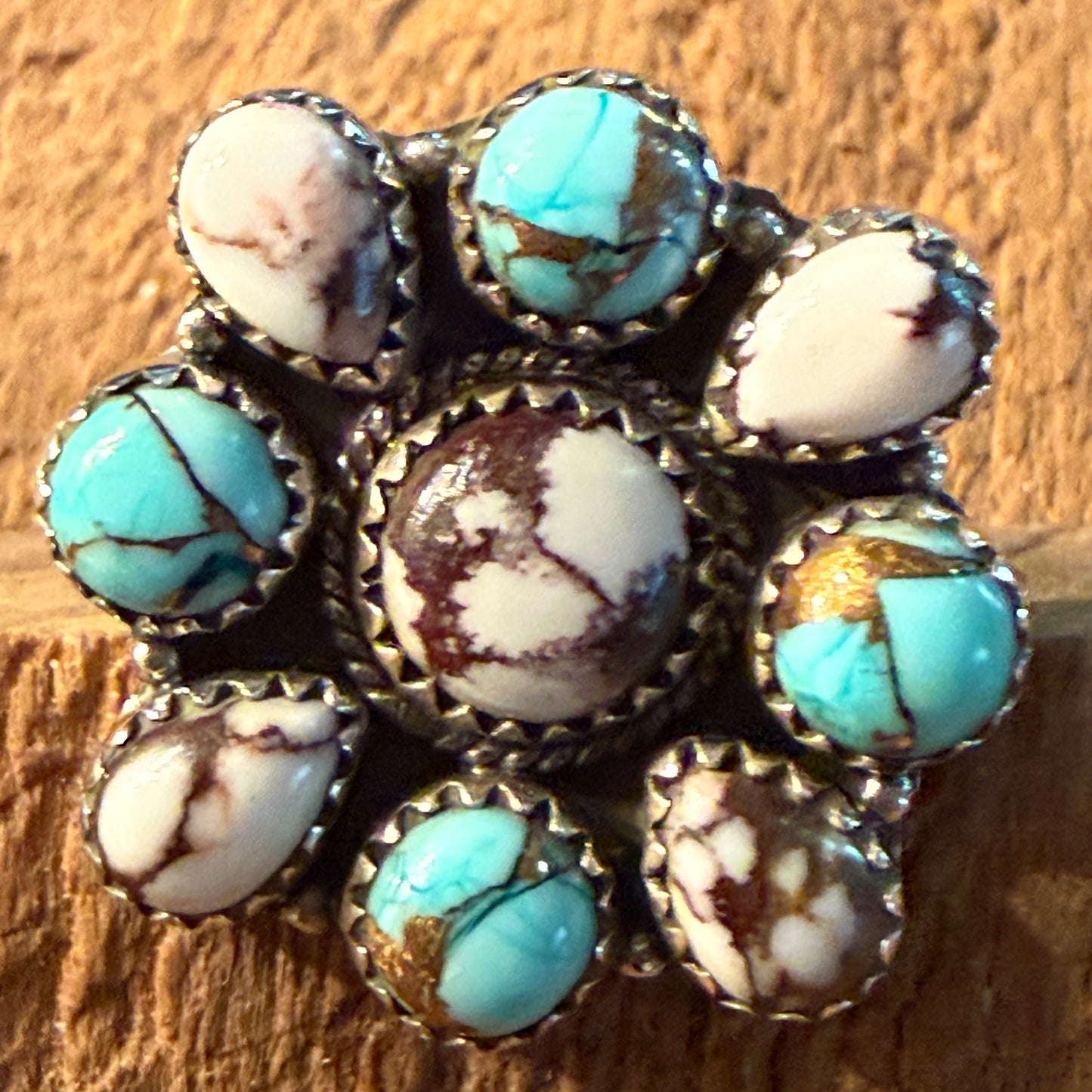 Wild Horse and Golden Hills Turquoise Cluster Ring Adjustable in Sterling Silver Wild West Boho